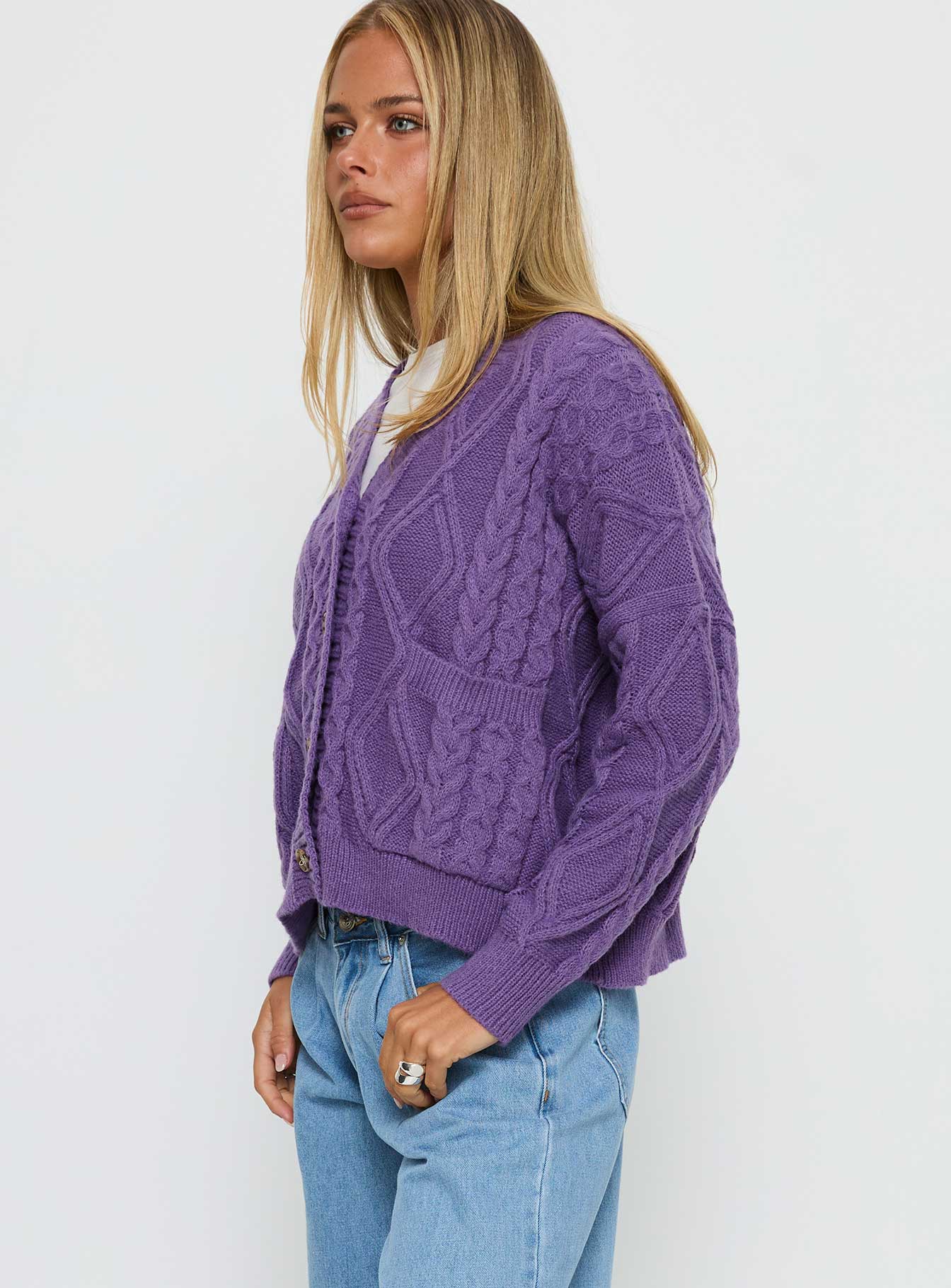 Dillian Cable Knit Cardigan Purple - Image 3