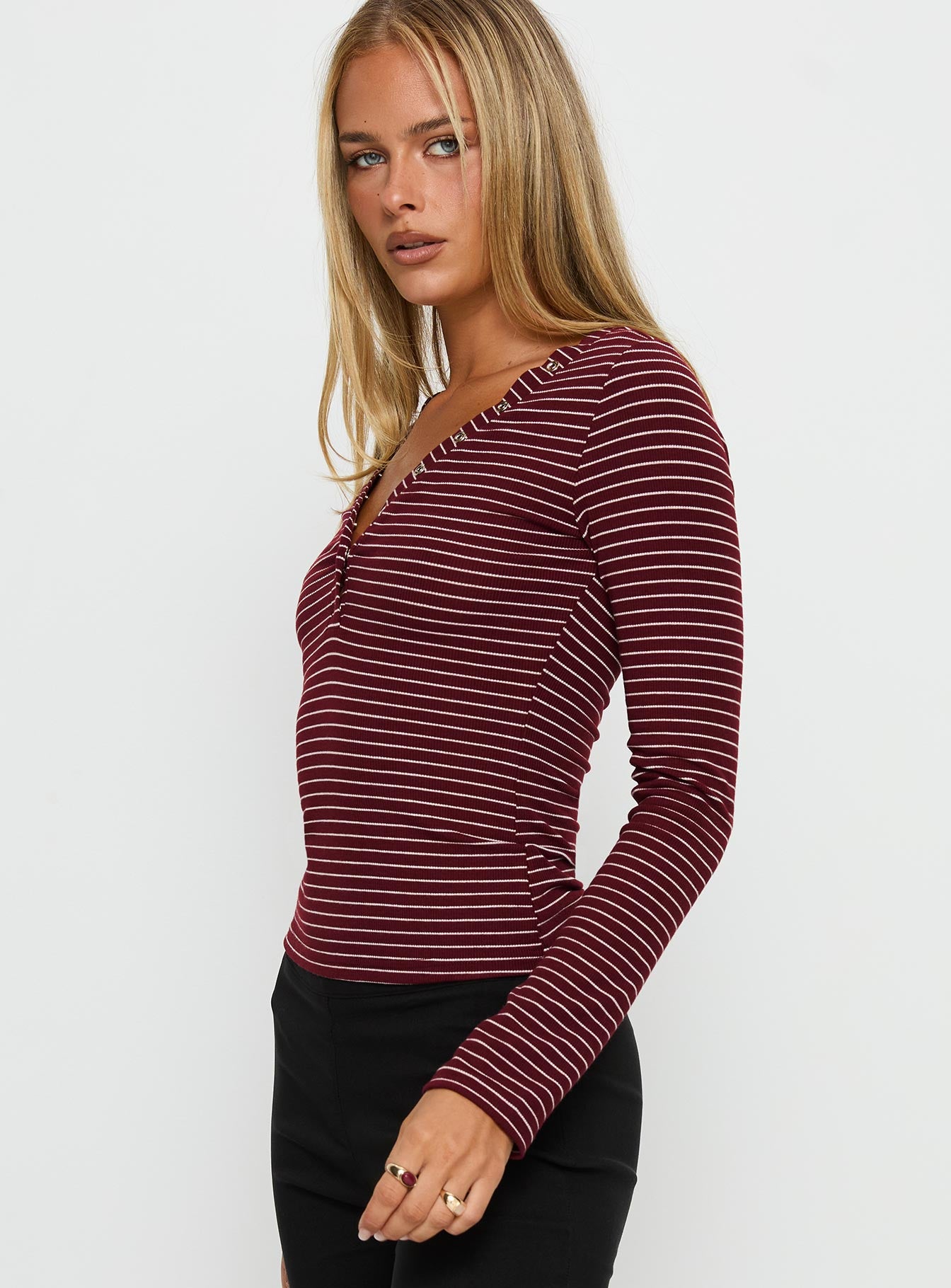 Georgeanna Button Up Long Sleeve Top Burgundy Stripe - Image 3