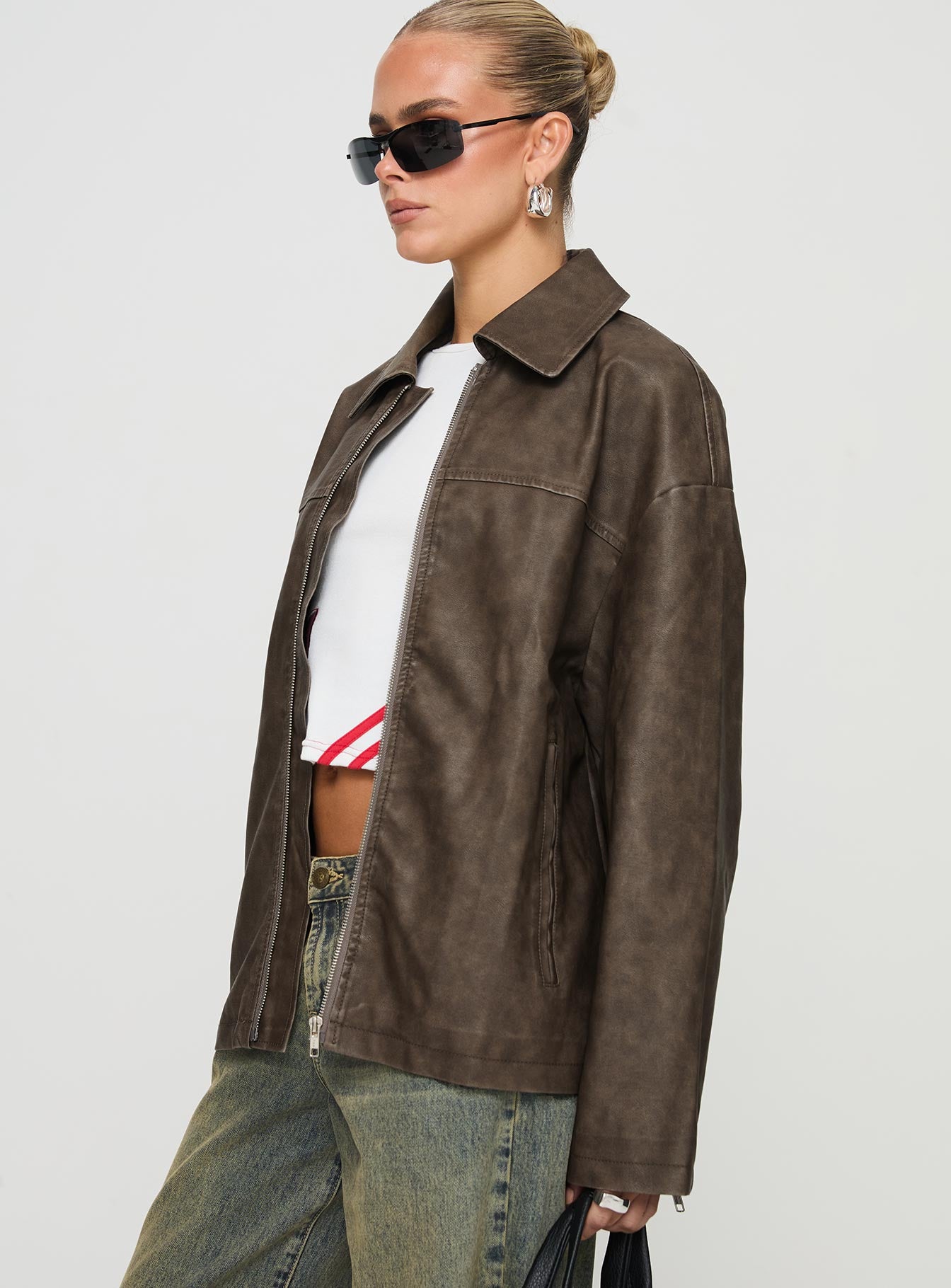 Faux Leather Collared Dad Jacket Washed Brown - Image 4