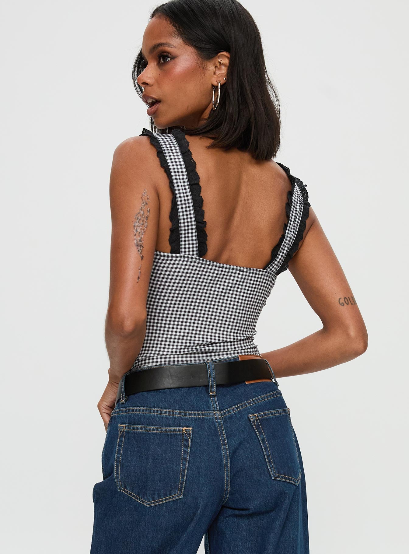 Trustfund Lace Trim Bodysuit Black White Check - Image 4