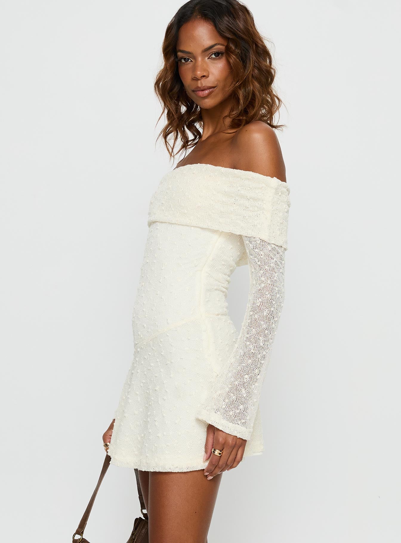 Ivee Off Shoulder Long Sleeve Mini Dress Cream - Image 4