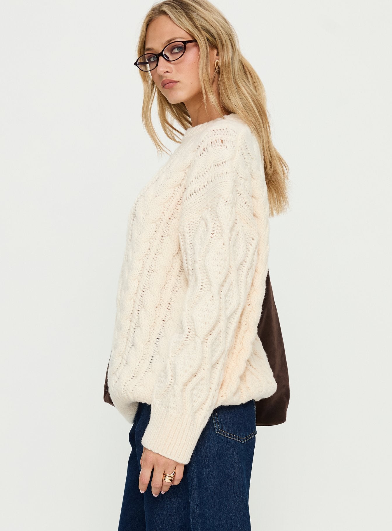 Rorey Cable Knit Crew Neck Sweater White - Image 4