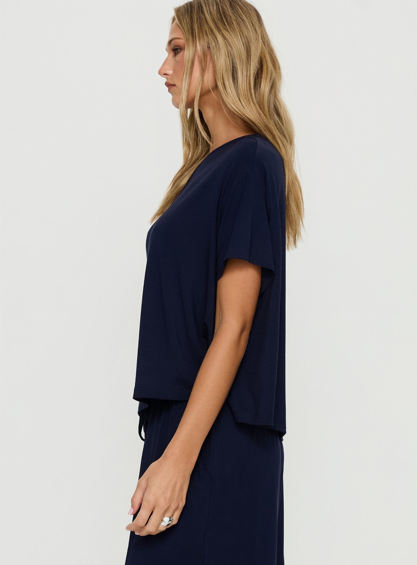 Cozy Hour Sleep Relaxed Off Shoulder Top Navy - Image 4