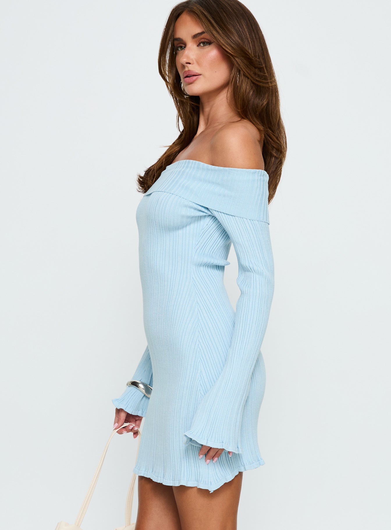 Freshwater Long Sleeve Rib Knit Mini Dress Ice Blue - Image 3