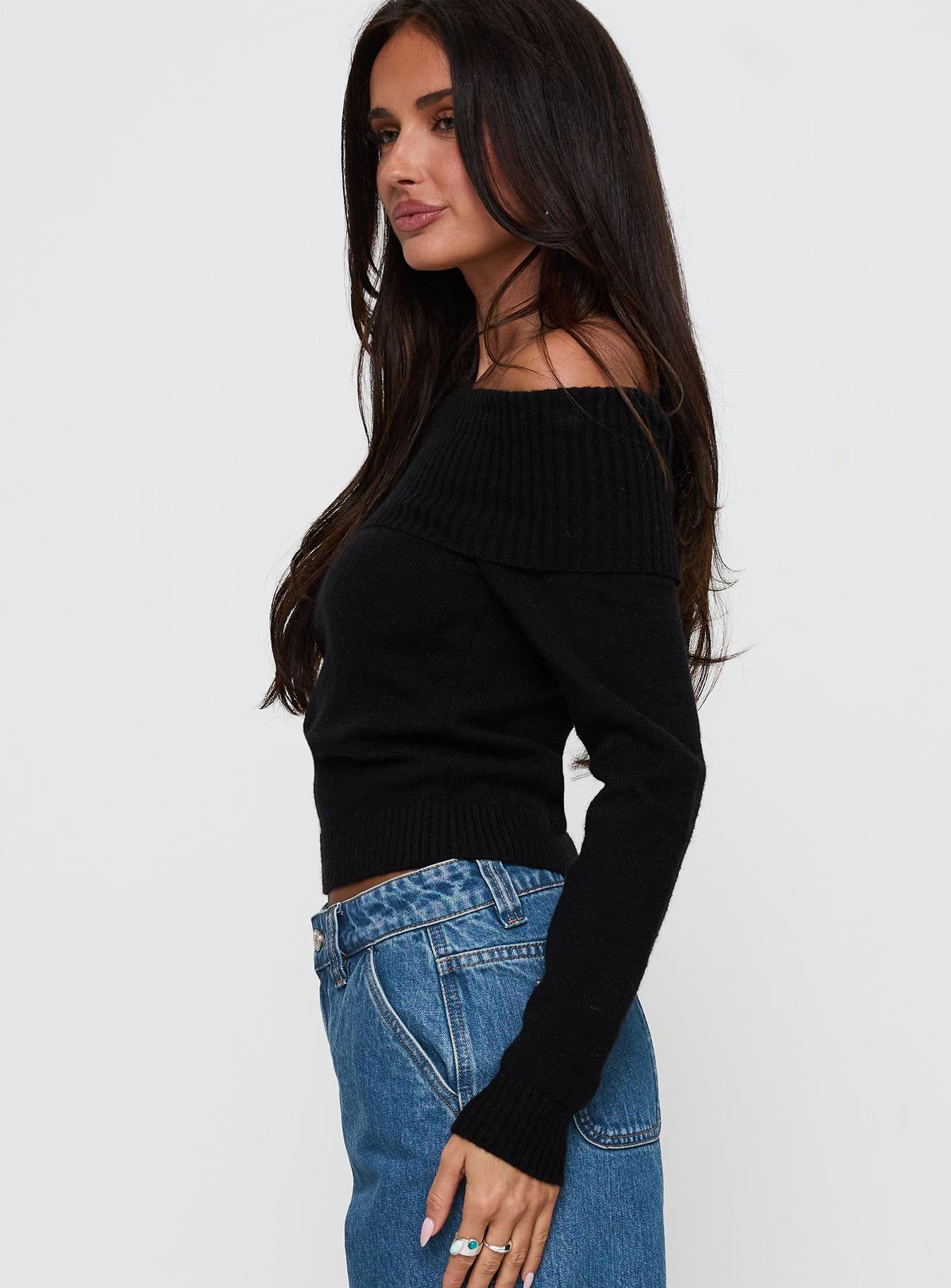 One For Me Off The Shoulder Long Sleeve Sweater Black - Image 4