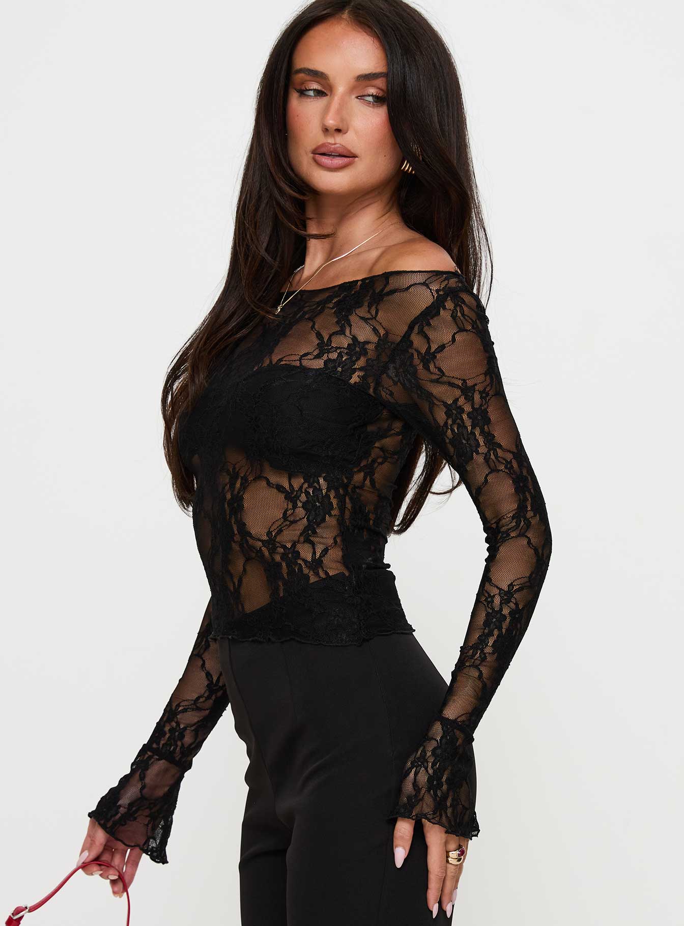 Junah Sheer Lace Long Sleeve Top Black - Image 4