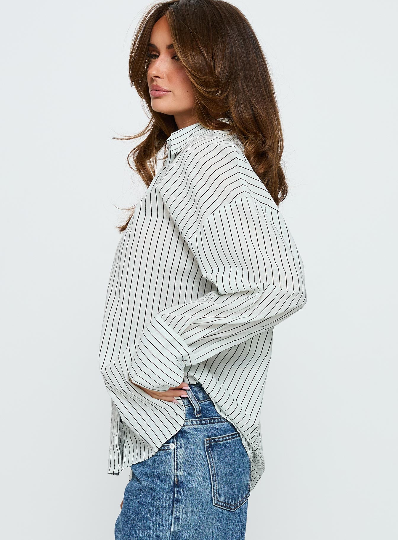 Alexi Long Sleeve Button Down Top Blue Brown Stripe - Image 3
