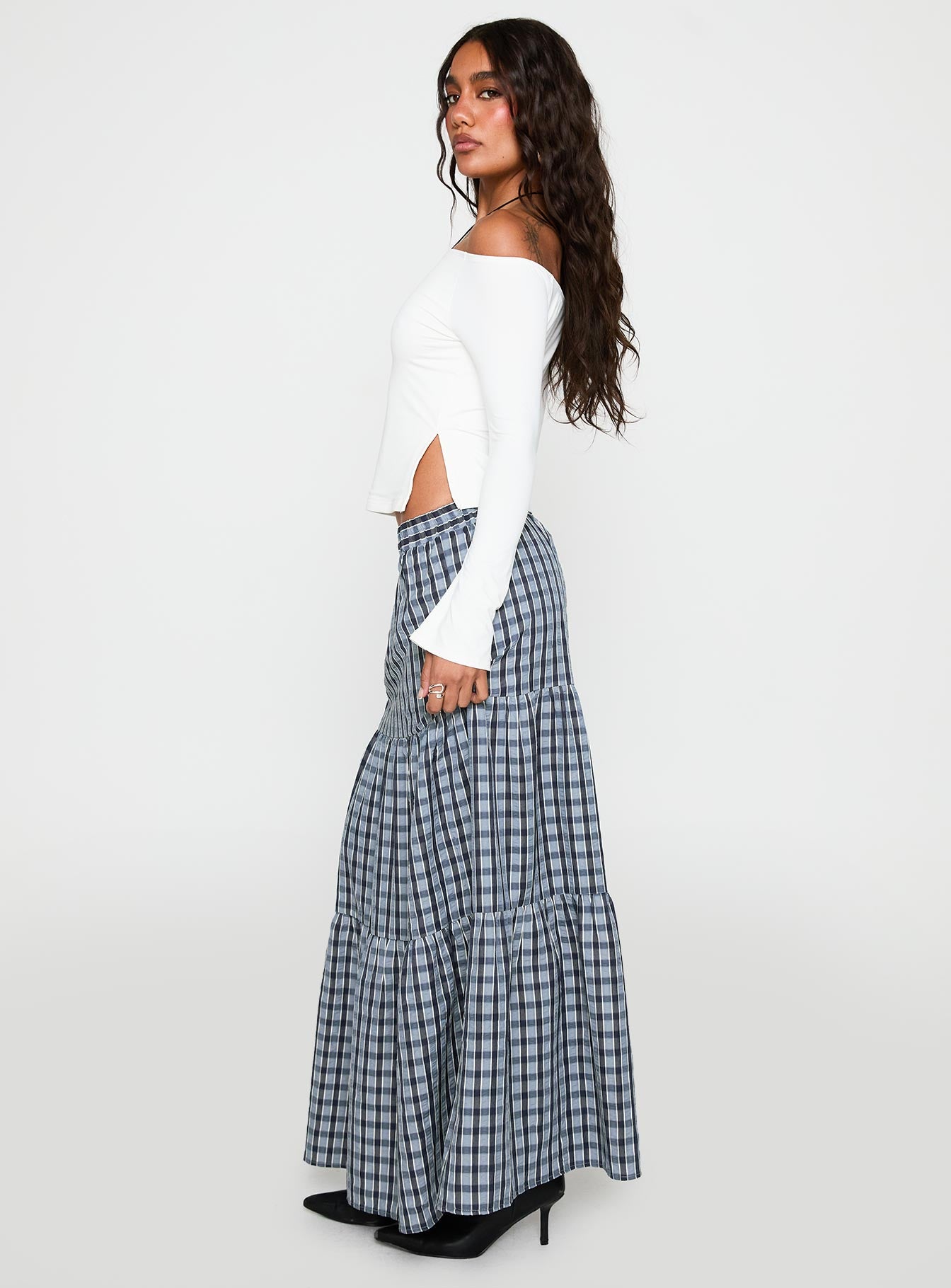 Rockwell Tiered Midi Skirt Navy Check - Image 4