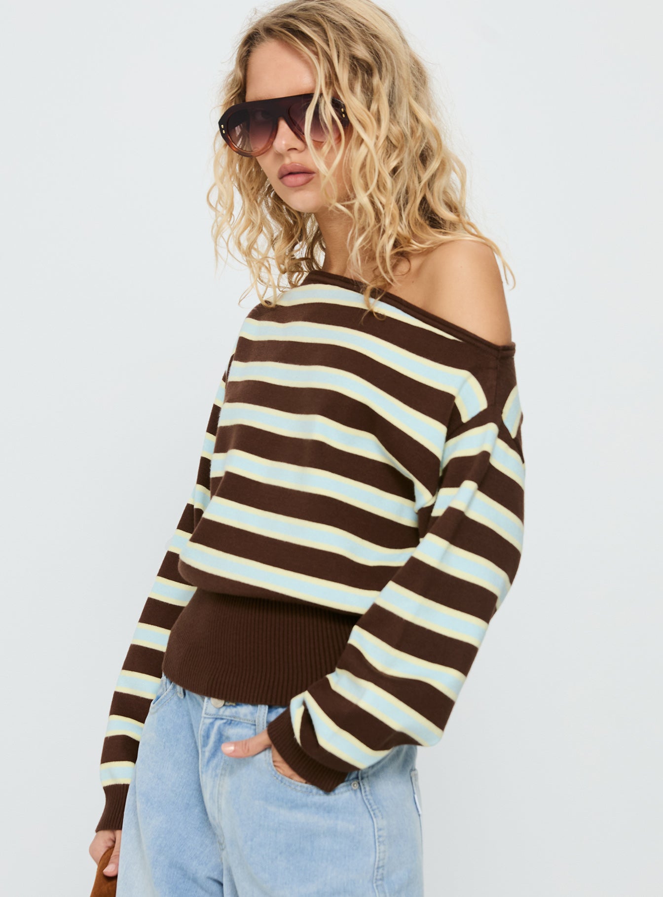 Zinia Off Shoulder Knit Sweater Brown Blue Stripe - Image 4
