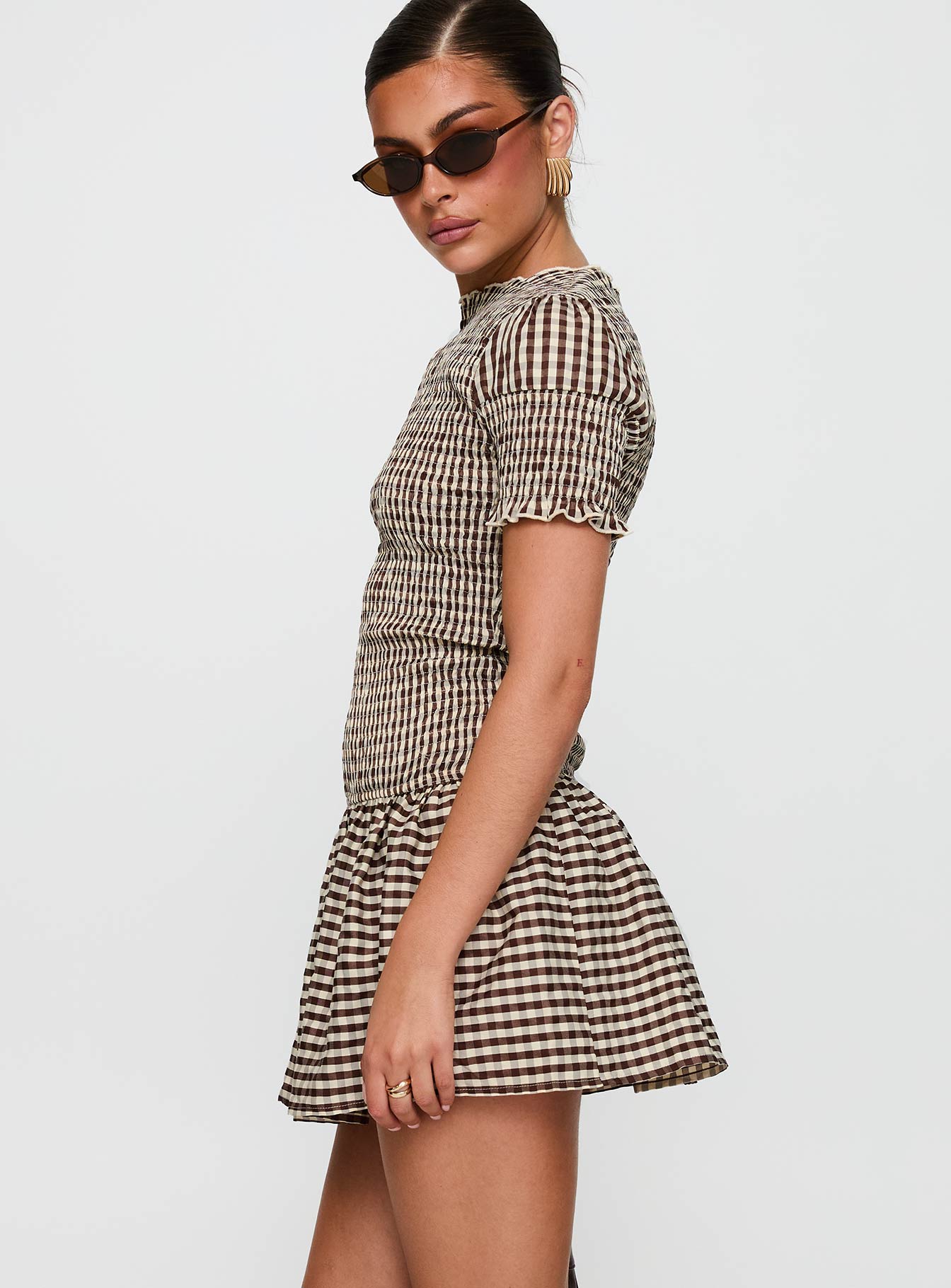 Laurita Shirred Mini Dress Brown Check Tall - Image 4