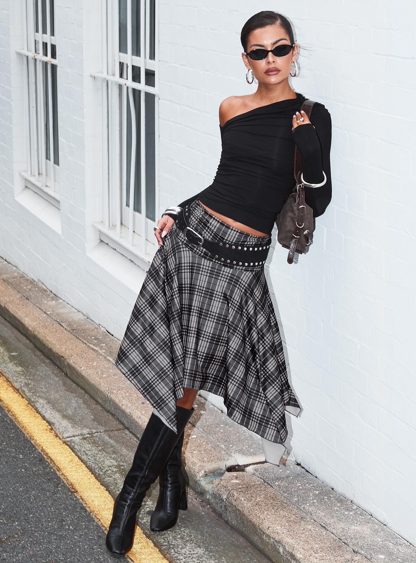 Scholar Asymmetrical Midi Skirt Grey Check - Image 3