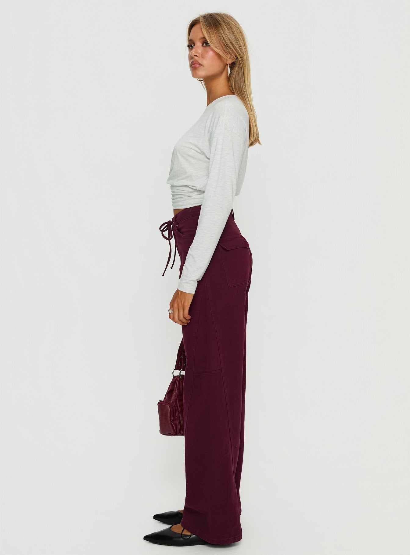 Bruiser Tie Waist Mid Rise Wide Leg Jeans Currant - Image 3