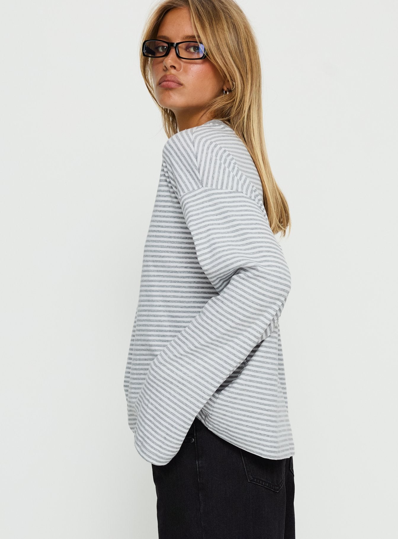 Settle Down Long Sleeve Top Grey White Stripe - Image 4