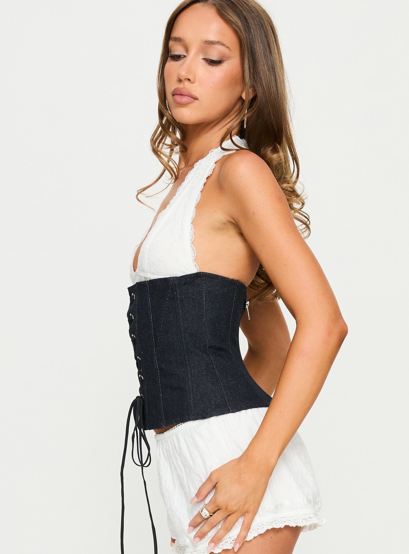 Dreamfields Lace Up Corset Top Dark Denim White - Image 4