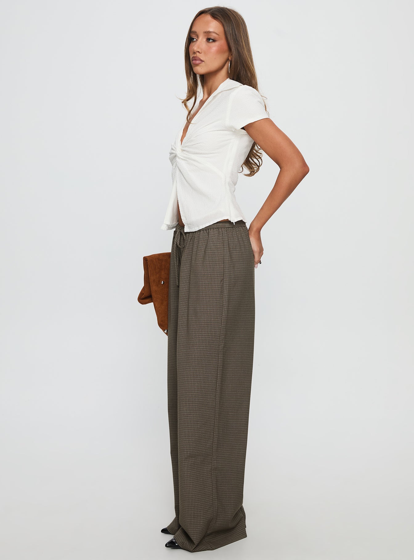 Ketrina Tie Waist Pants Brown Plaid - Image 3