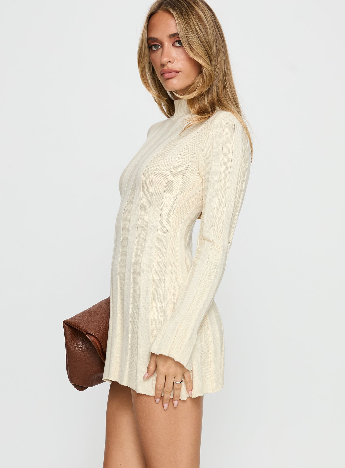 Carlee Rib Long Sleeve Mini Dress Cream - Image 4