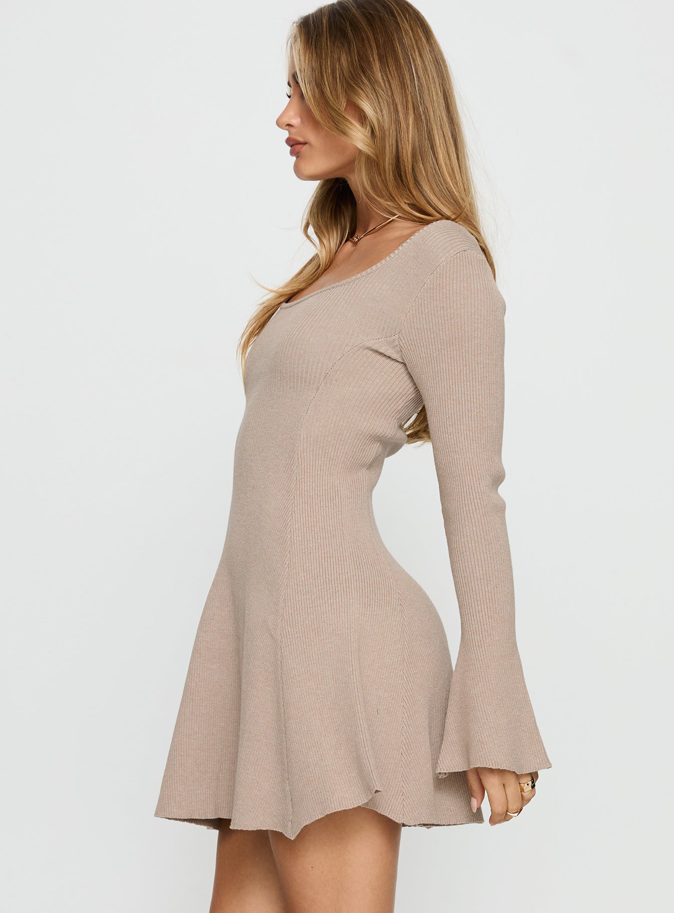Mariel Long Sleeve Knit Mini Dress Beige - Image 4