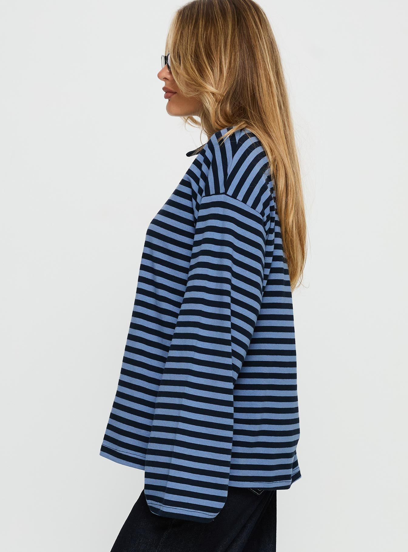 Settle Down Collared Long Sleeve Top Navy Stripe - Image 4