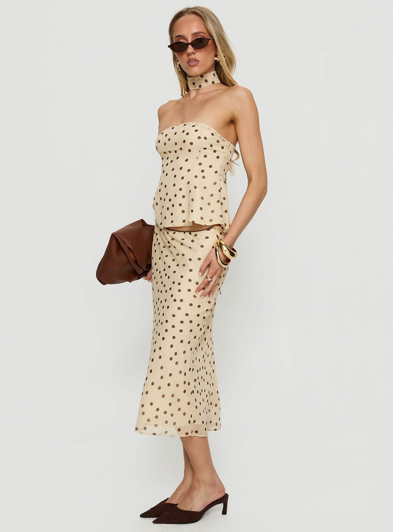 Sydni Midi Bias Cut Skirt Yellow Chocolate Polka - Image 4
