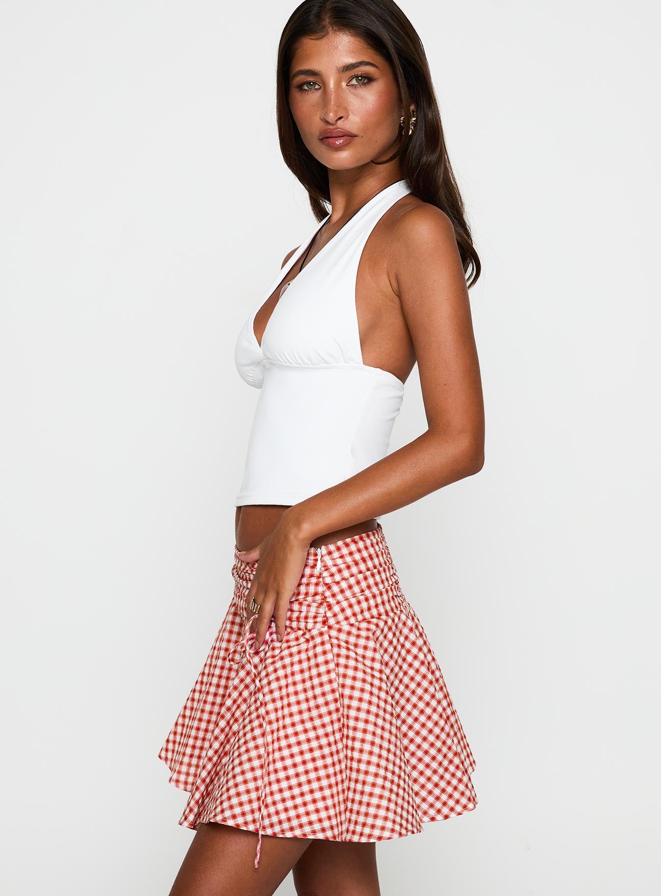 Sweet Verona Ruched Mini Skirt Red Check - Image 4
