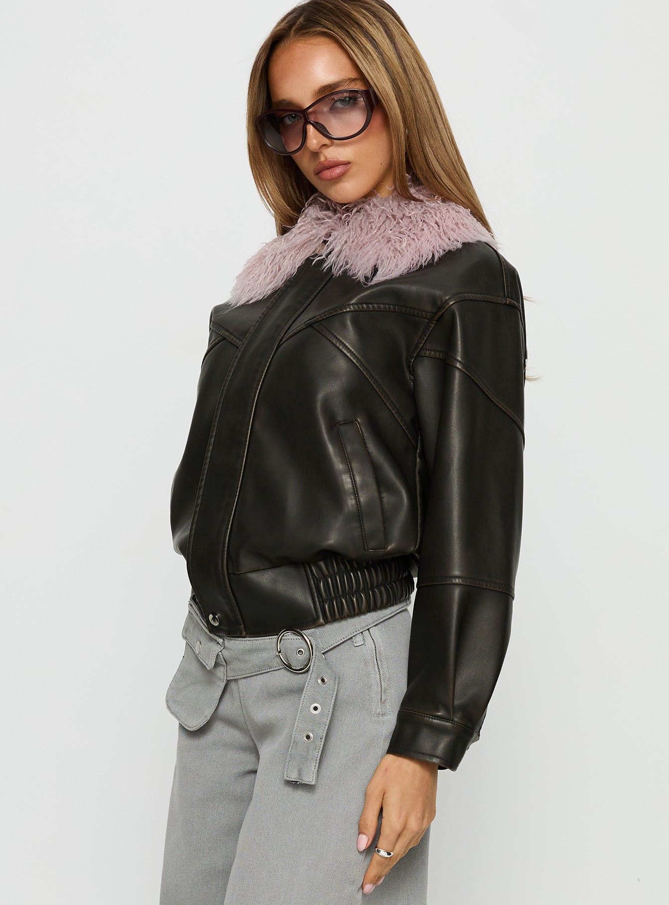 Brittanni Fluffy Collar Jacket Brown Pink - Image 4