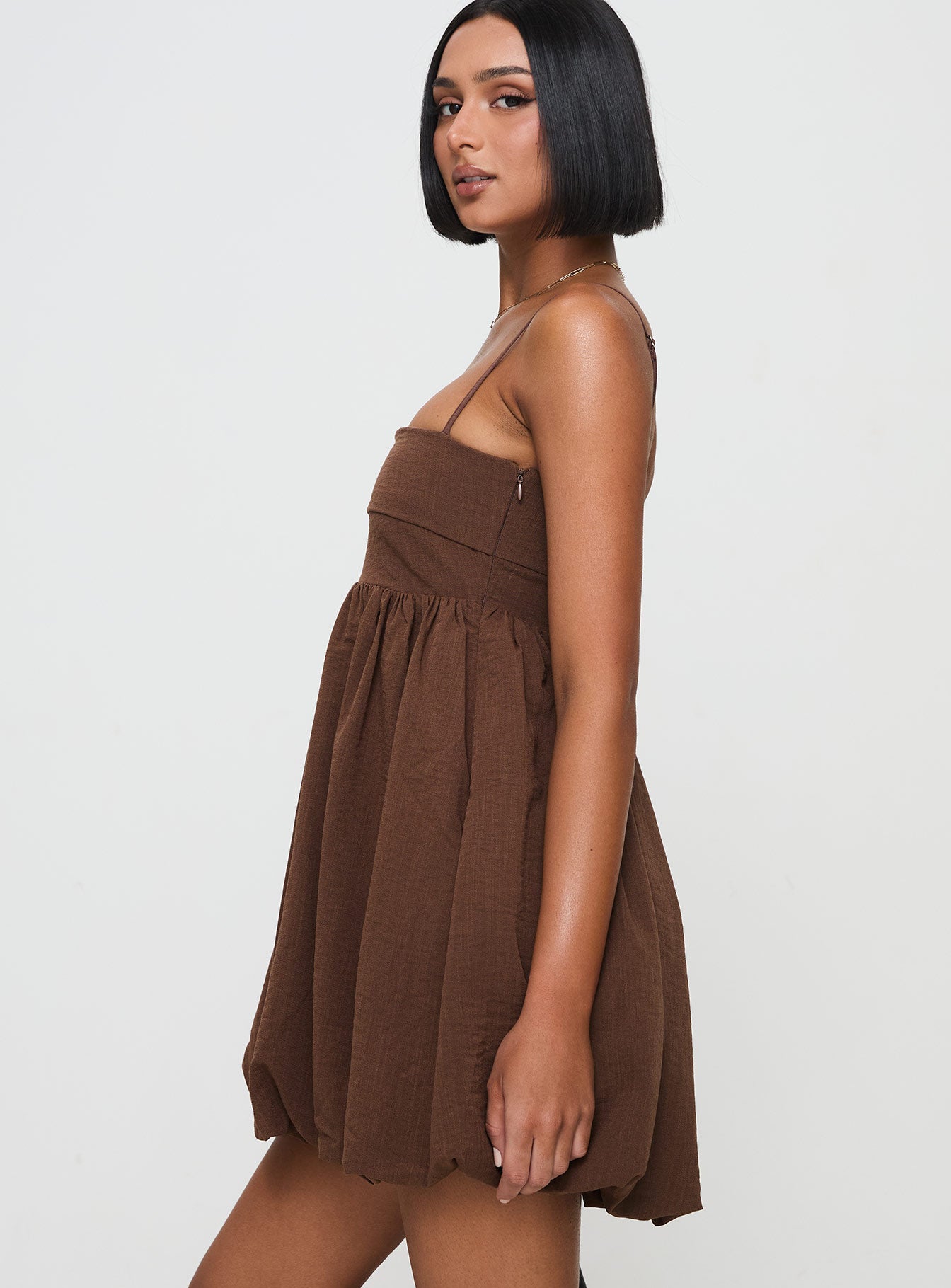 Layken Bubble Hem Mini Dress Chocolate - Image 4