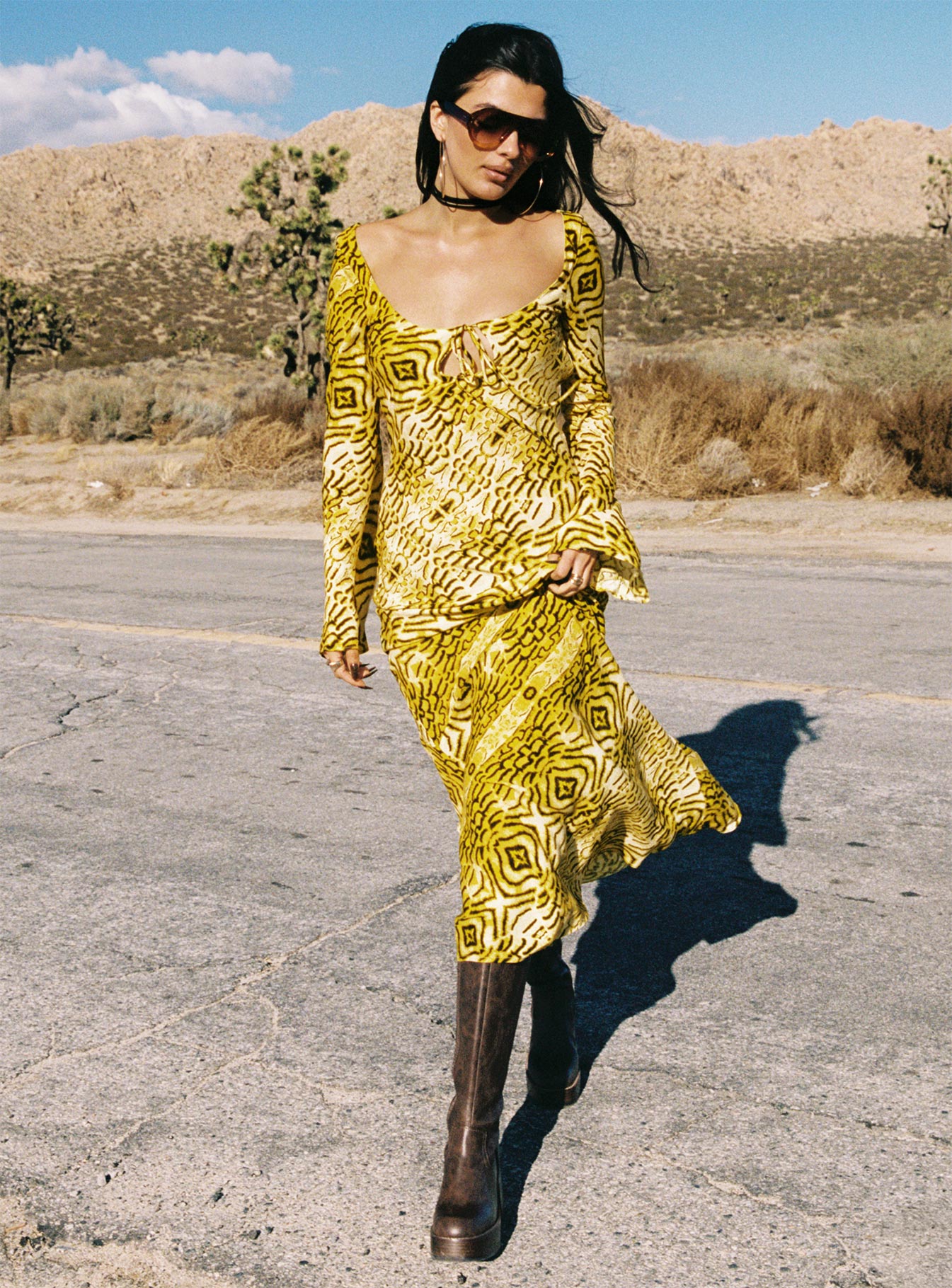 Setting Sun Long Sleeve Maxi Dress Yellow Black - Image 3
