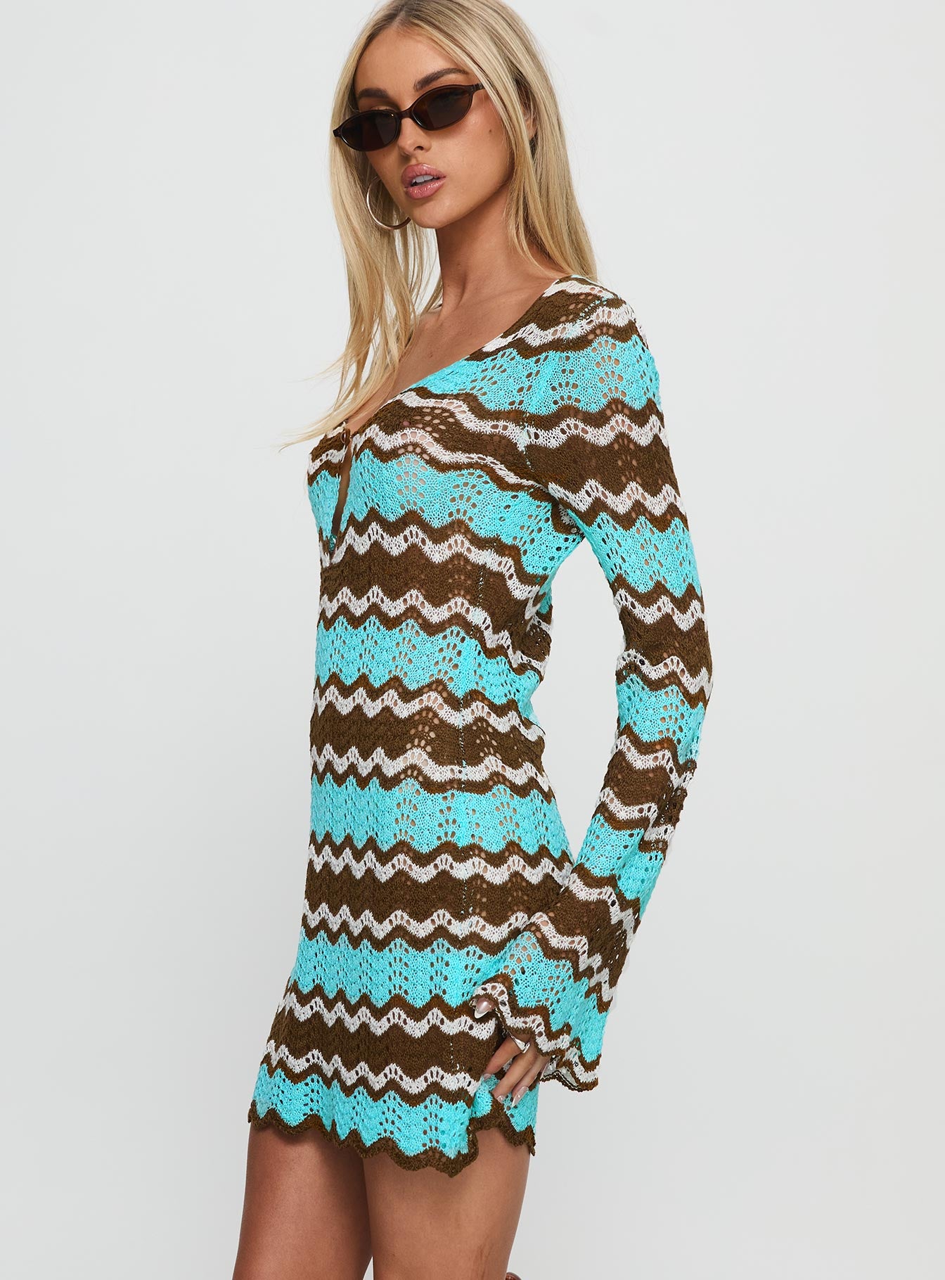 Suka Long Sleeve Knit Mini Dress Brown Blue - Image 4