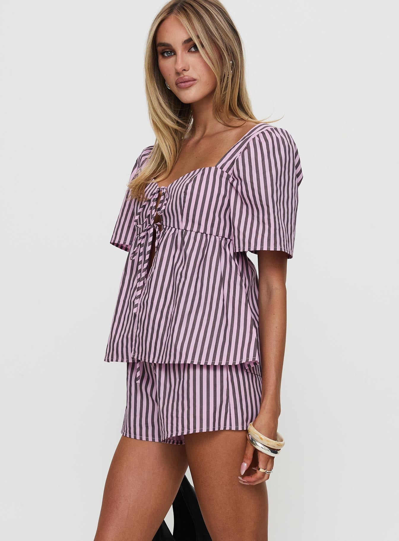 Two Young Hearts Tie Up Set Pink Brown Stripe - Image 4