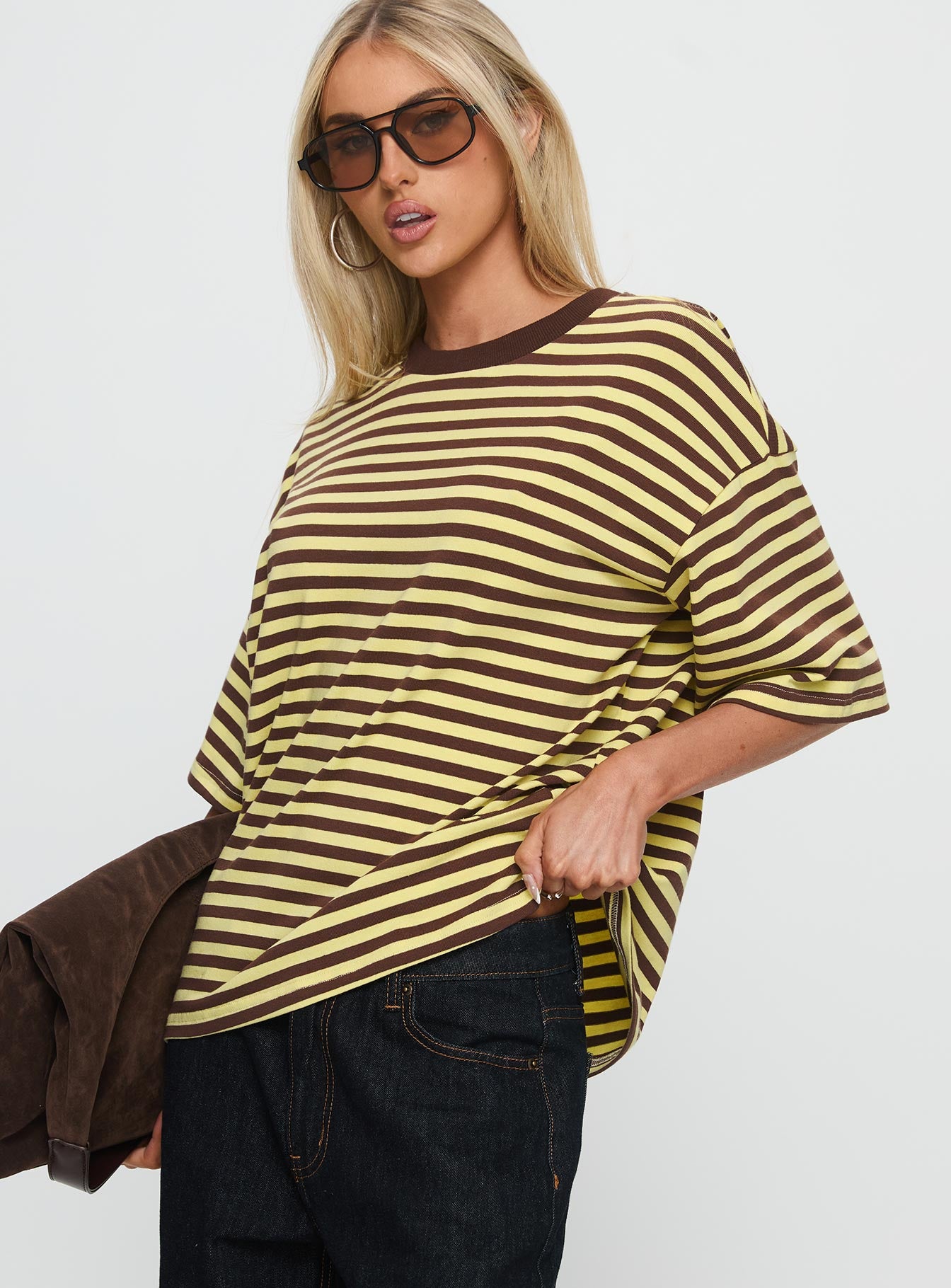 Settle Down Short Sleeve Top Yellow Brown Stripe - Image 4