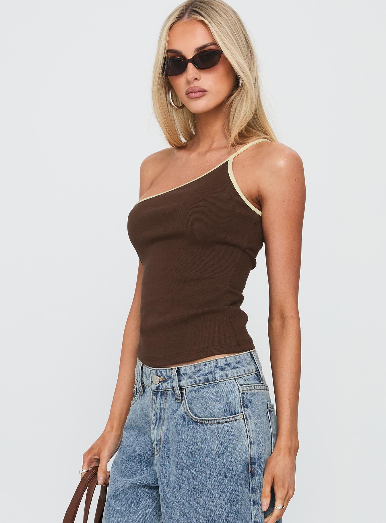 Hold It Down One Shoulder Contrast Top Chocolate Yellow - Image 4