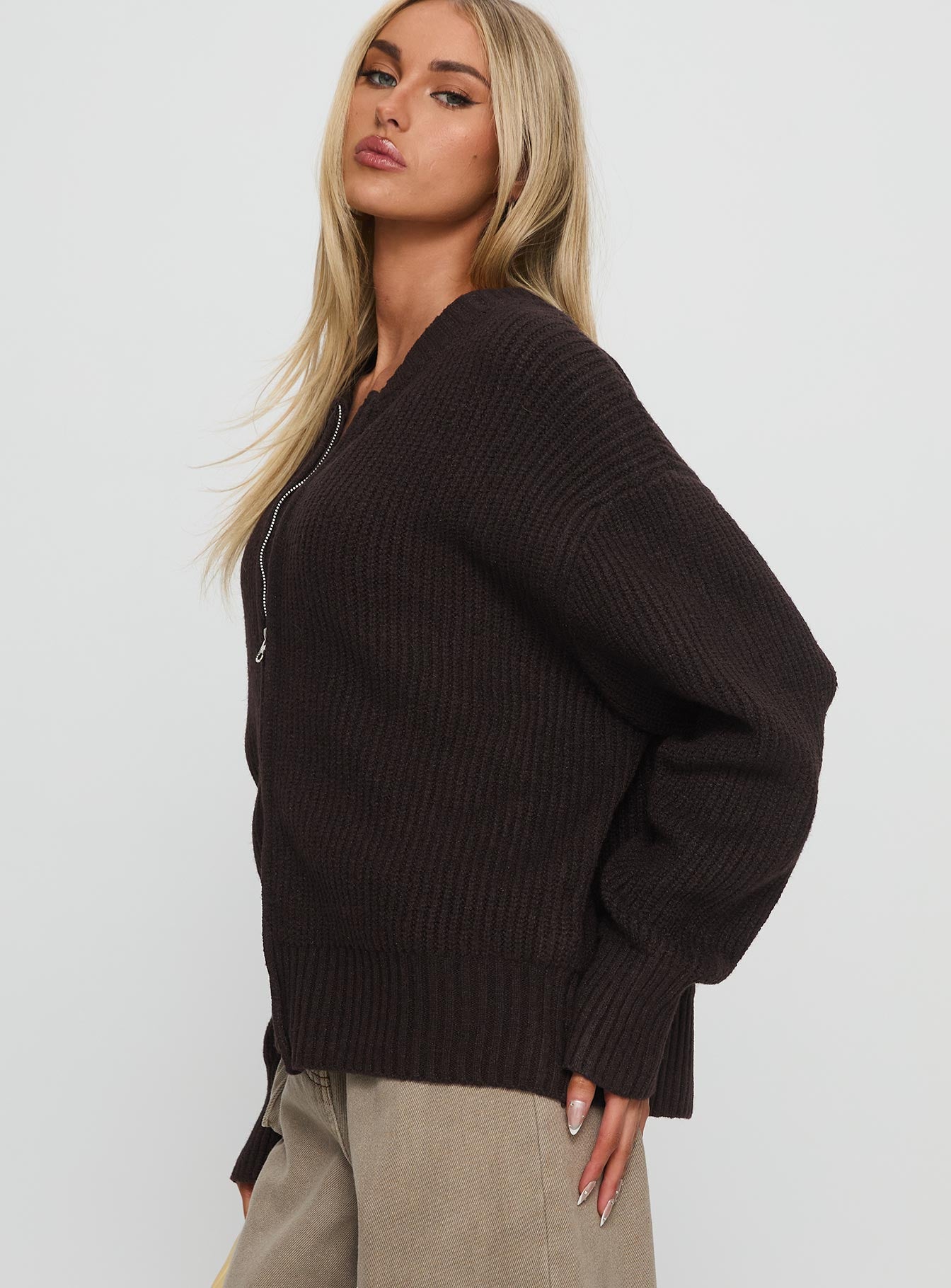 Lexene Zip Through Jumper Chocolate - Image 4