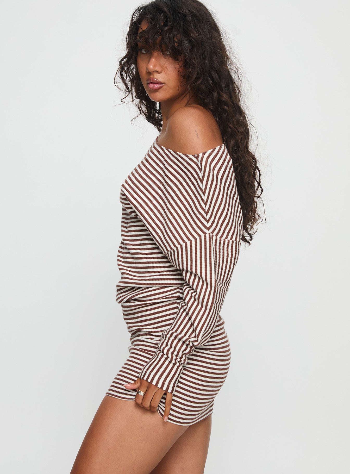 Caia Off Shoulder Long Sleeve Jersey Mini Dress Chocolate Stripe - Image 4