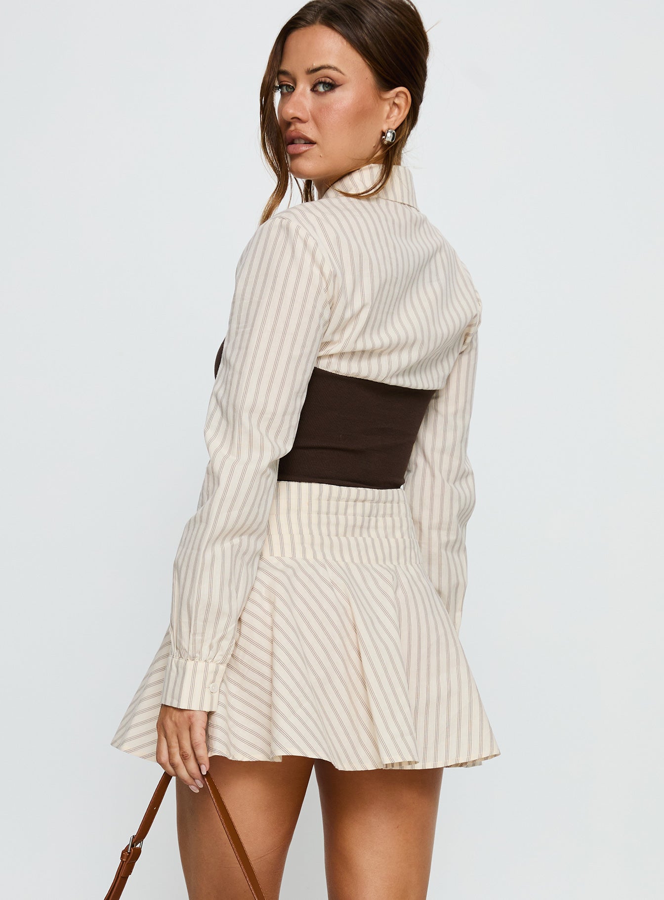 Belva Long Sleeve Corset Shirt Mini Dress Brown Stripe - Image 5