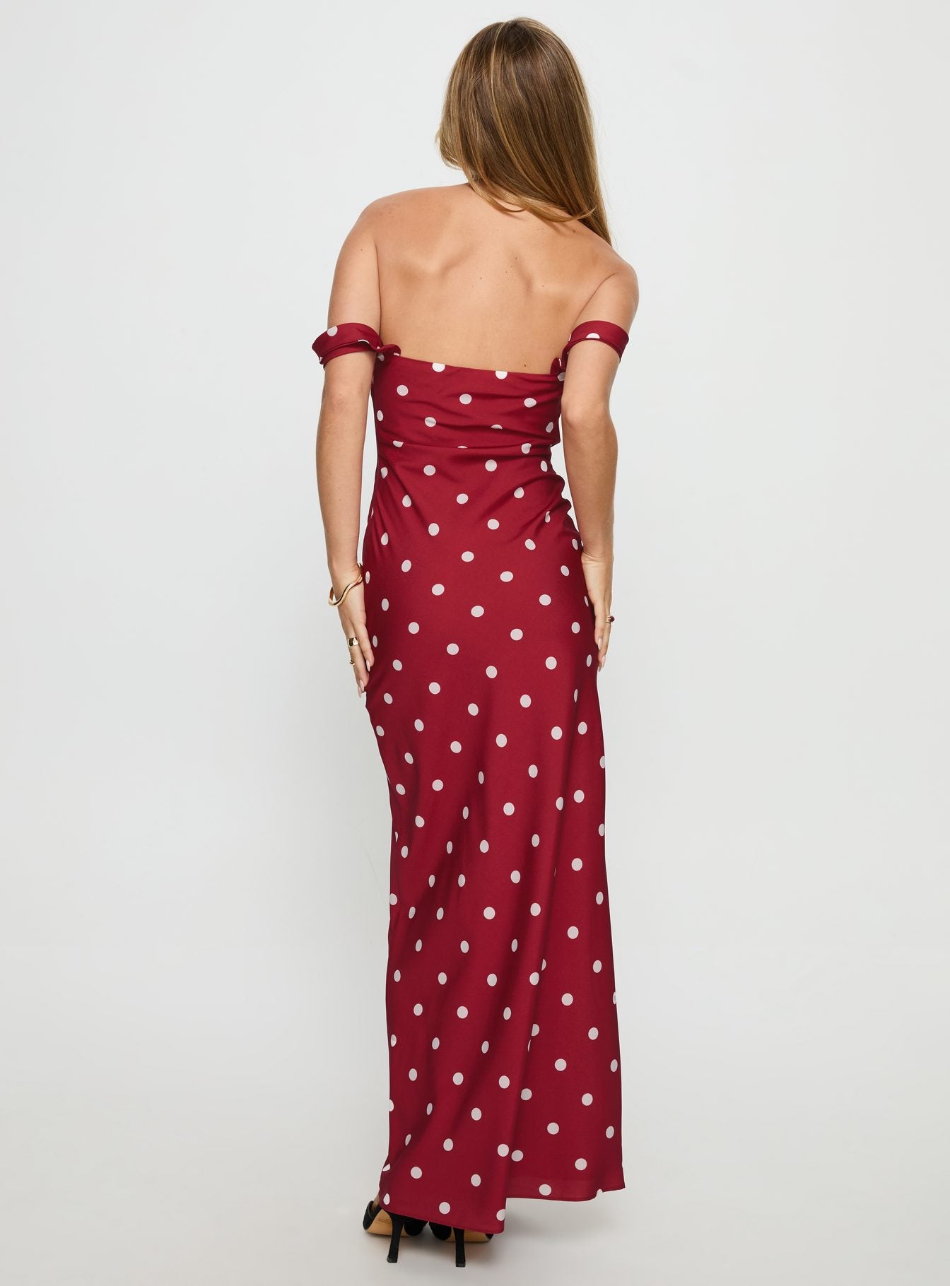 End Credits Off Shoulder Pleat Maxi Dress Red Polka Dot - Image 4