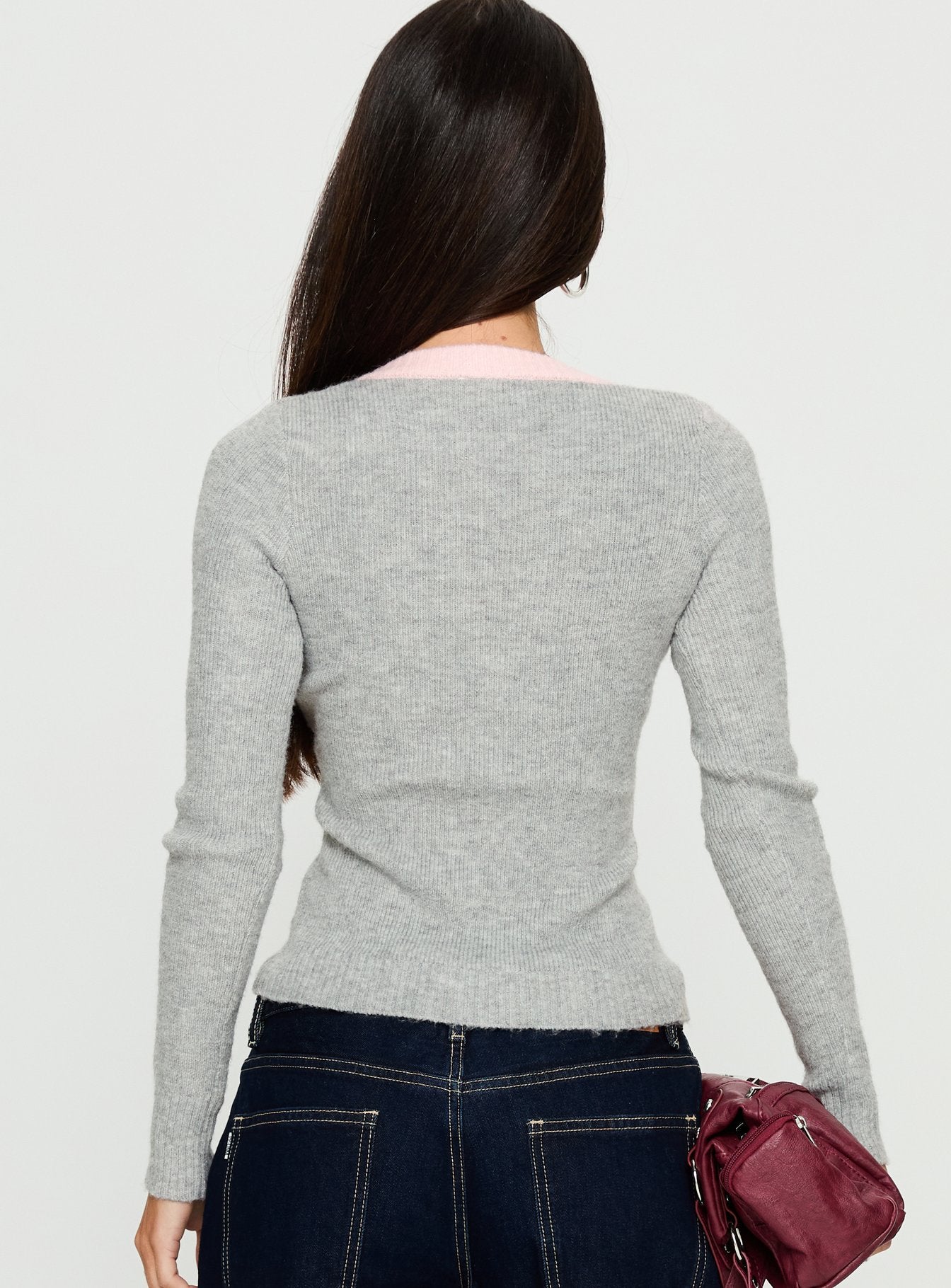 Vanita V Neck Long Sleeve Top Grey Pink - Image 4