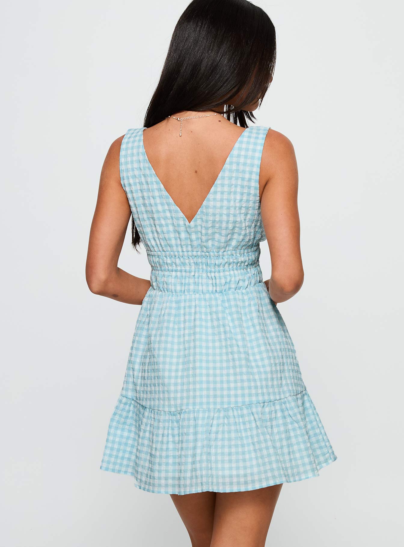 Ismena Plunge Mini Dress Blue Check - Image 4