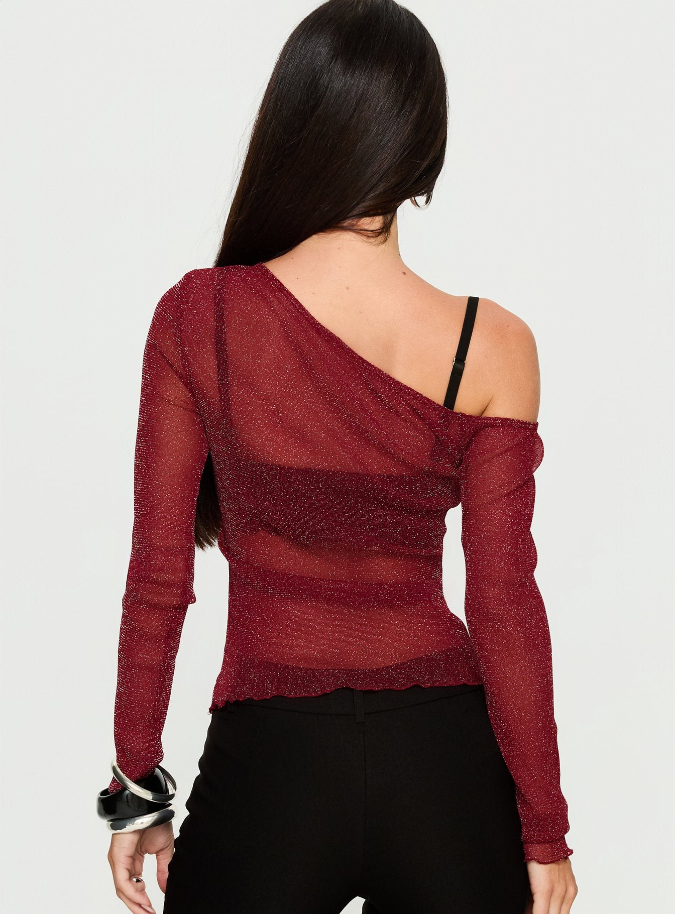 Zondra Sheer One Shoulder Top Burgundy Shimmer - Image 5