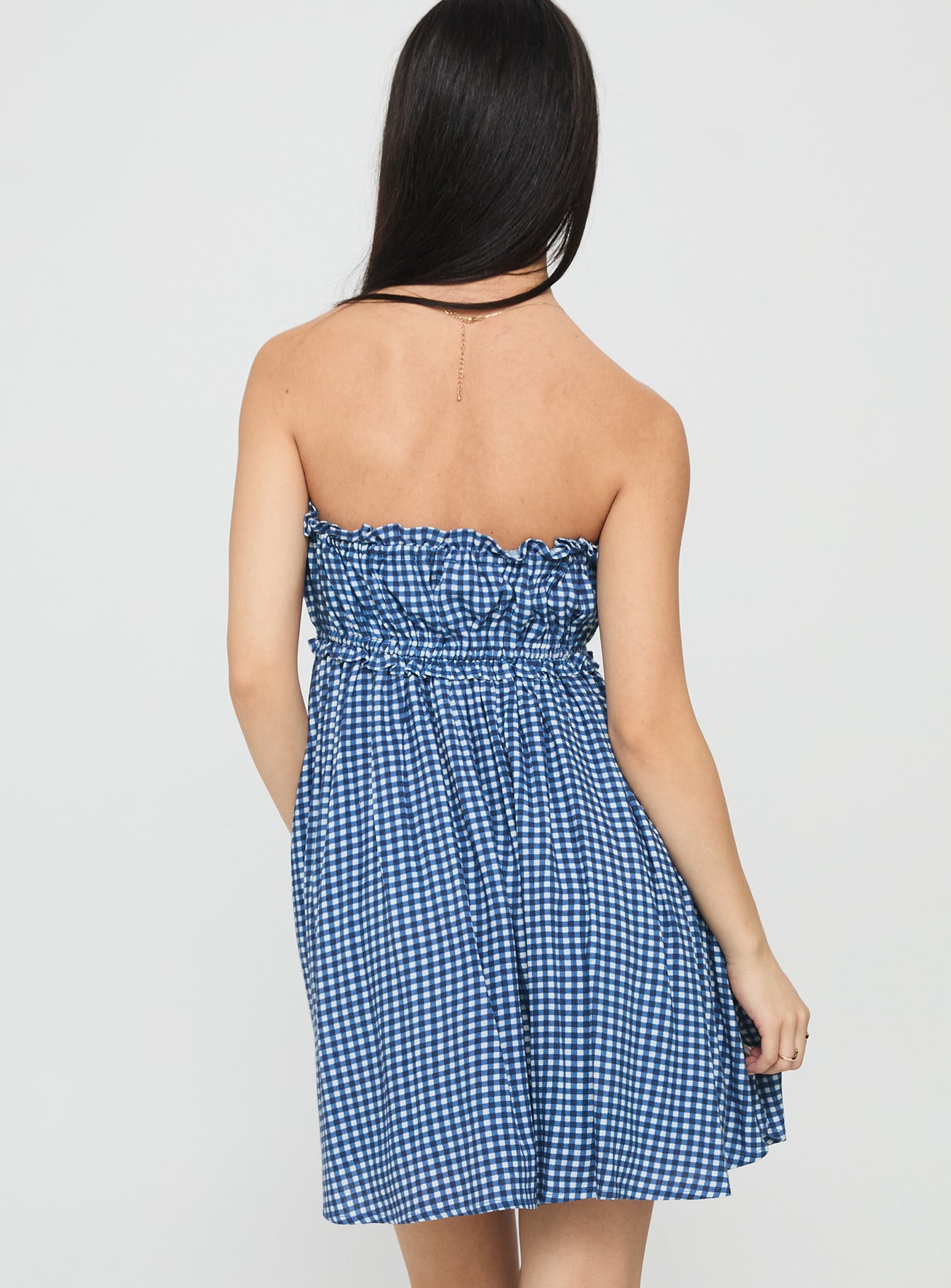 Held My Breath Strapless Babydoll Mini Dress Blue Gingham - Image 4