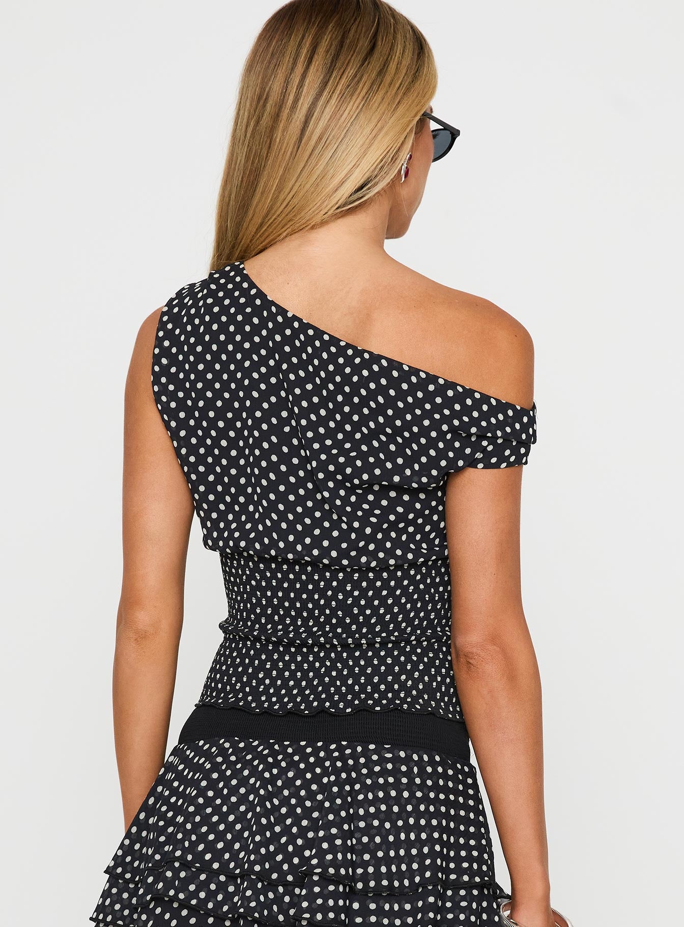 Ready To Party Off Shoulder Top Black Polka - Image 5
