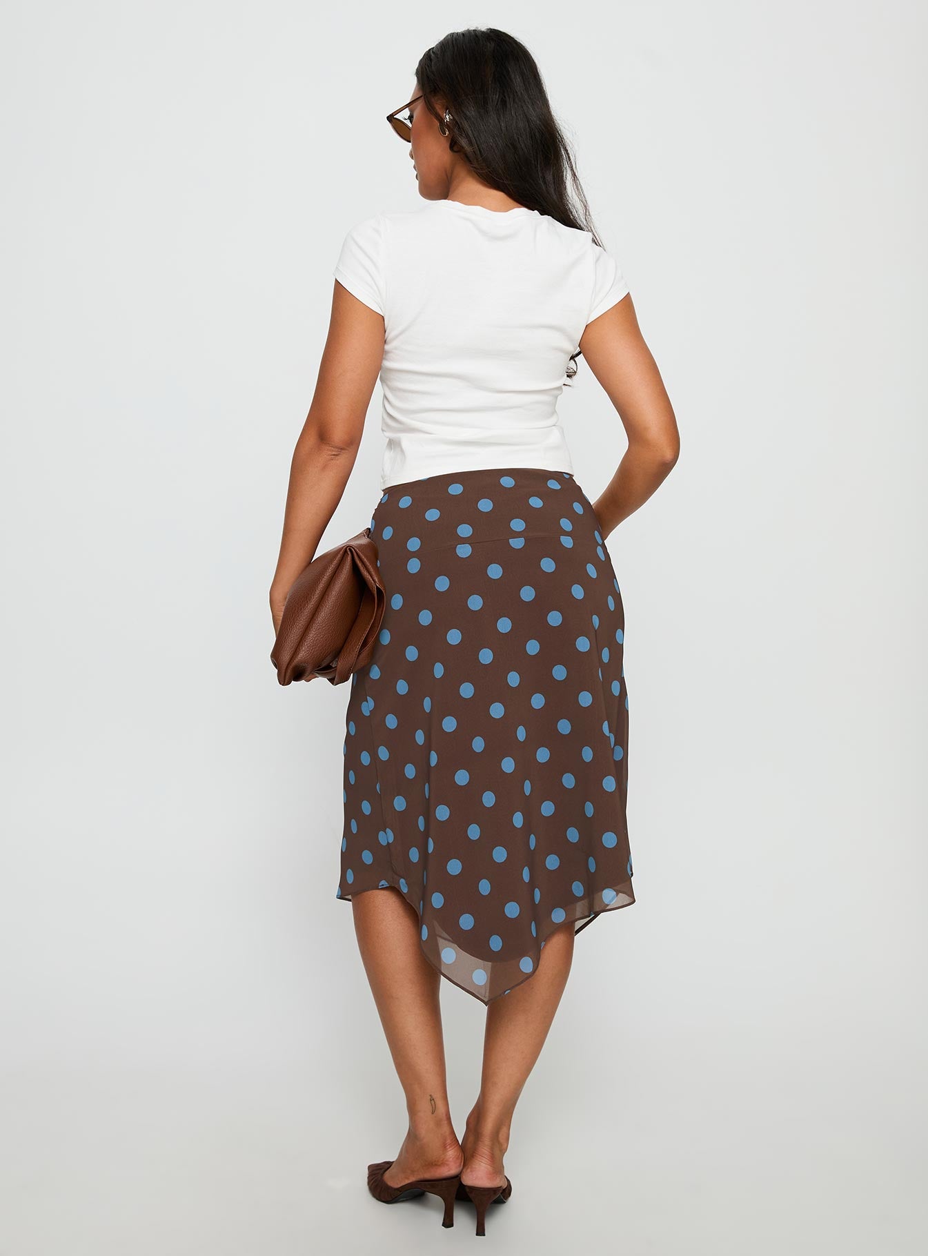 Daphene Asymmetrical Midi Skirt Brown Blue Polka Dot - Image 5