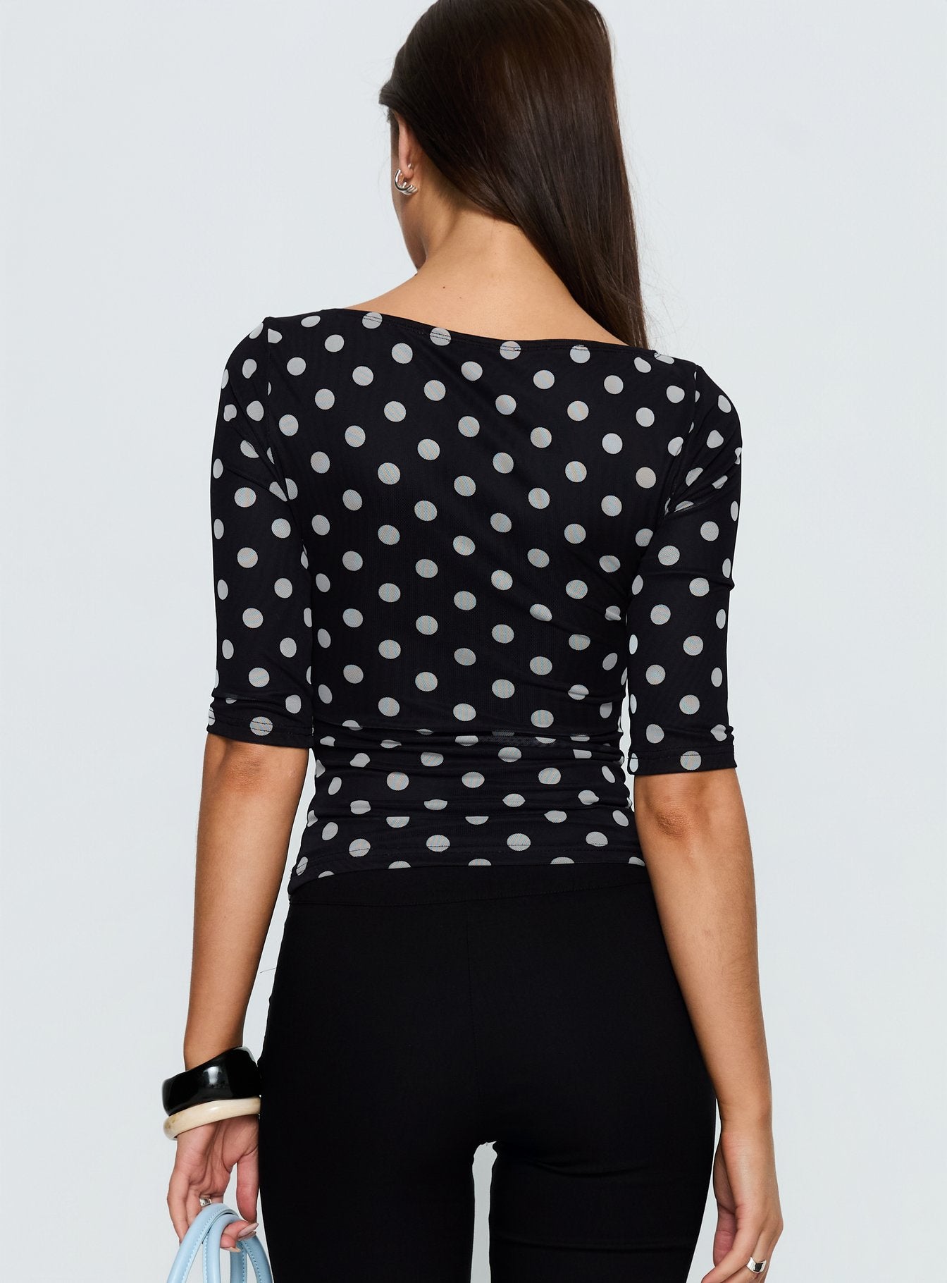 Venna 34 Sleeve Boat Neck Top Black White Polka - Image 5