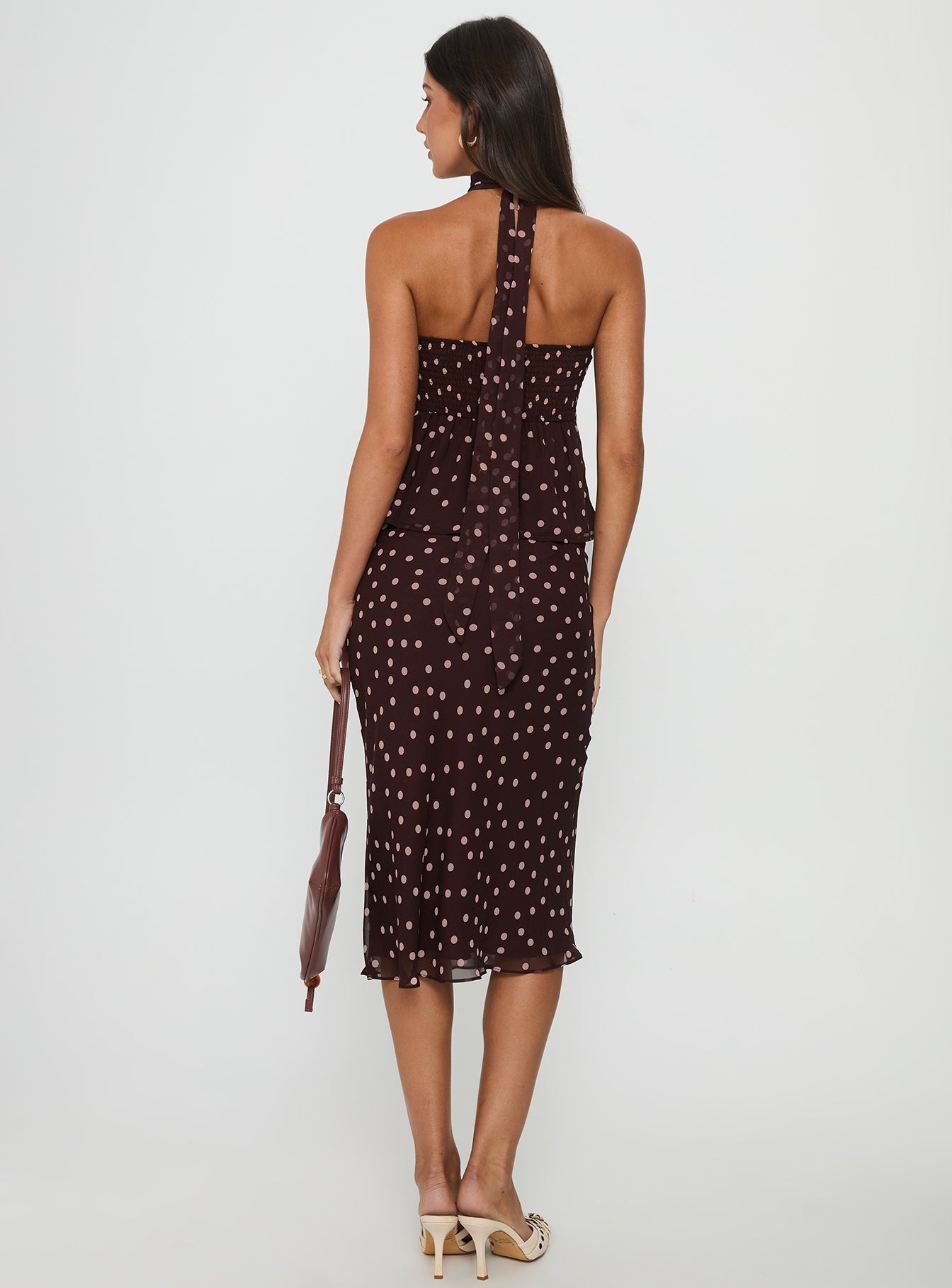 Sydni Midi Bias Cut Skirt Chocolate Pink Polka - Image 5