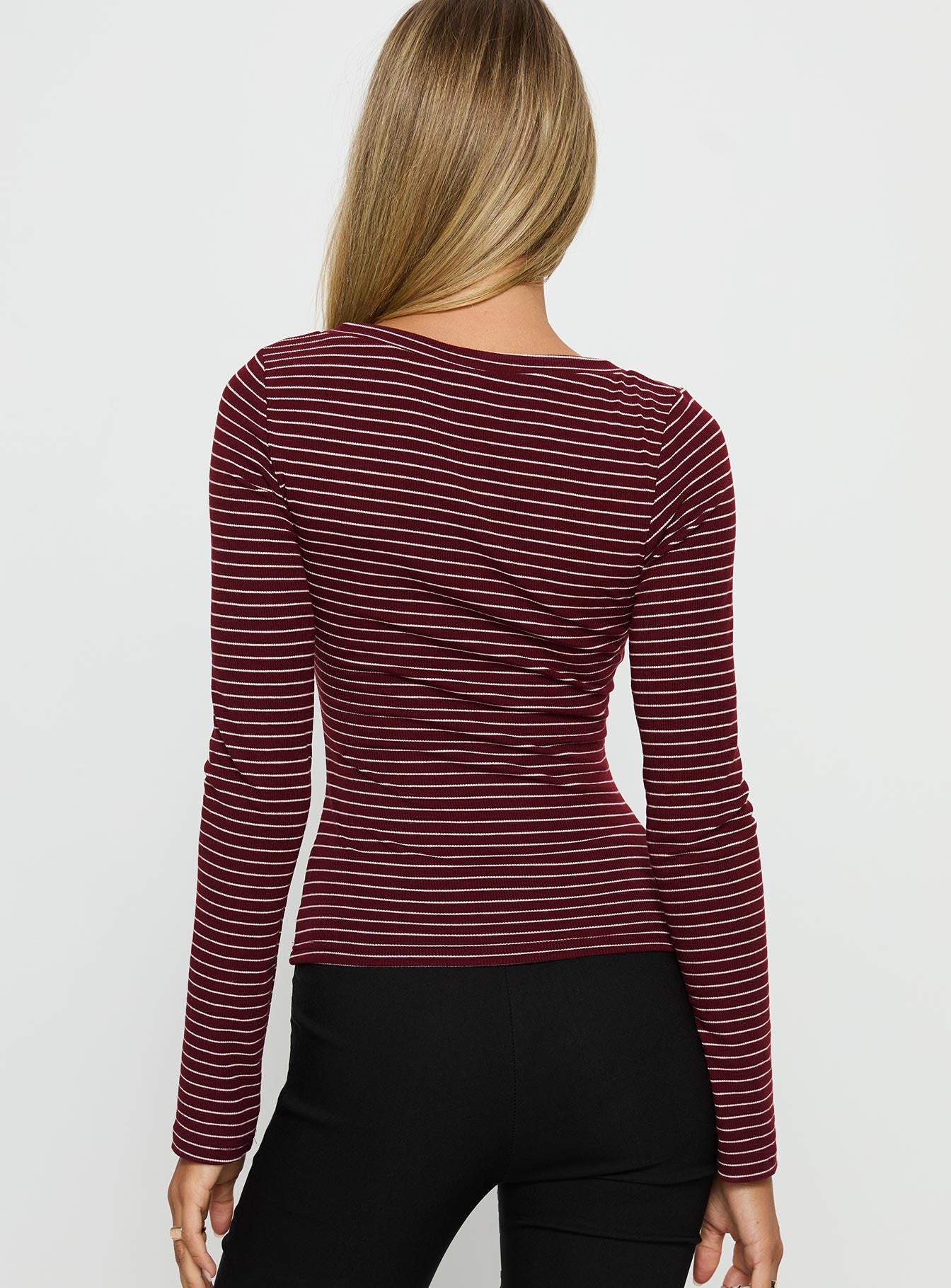 Georgeanna Button Up Long Sleeve Top Burgundy Stripe - Image 4