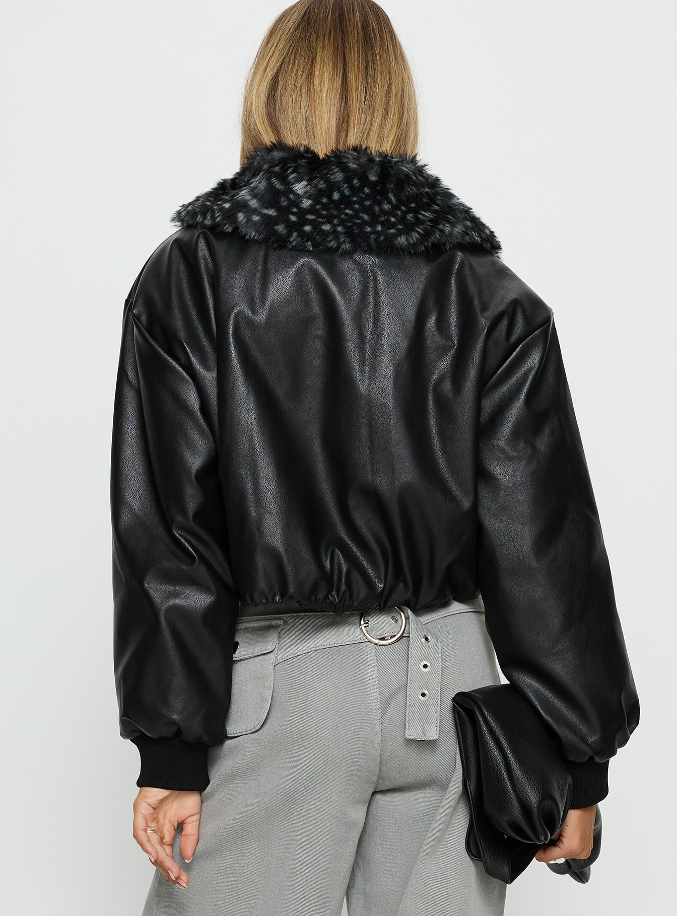 Koemi Faux Leather Collared Jacket Black - Image 5