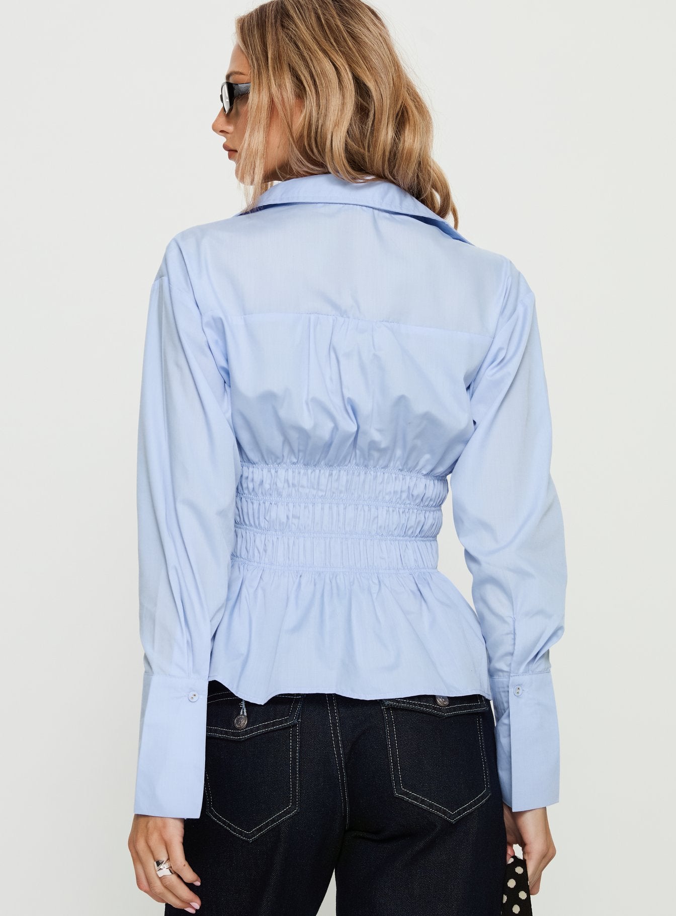 As You Are Shirred Button Up Top Soft Blue - Image 5