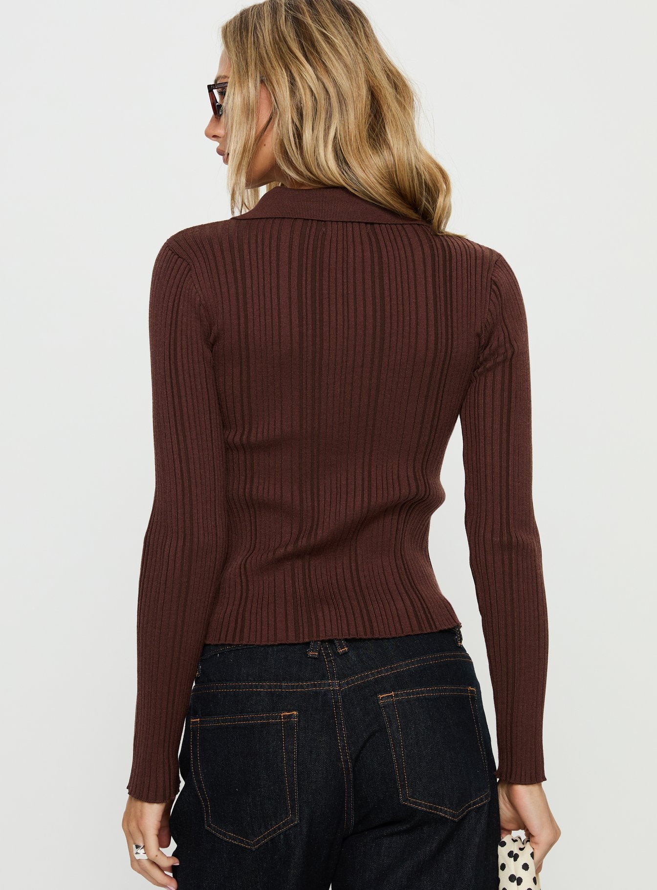 Tiaira Textured Zip Through Collared Long Sleeve Top Brown - Image 4