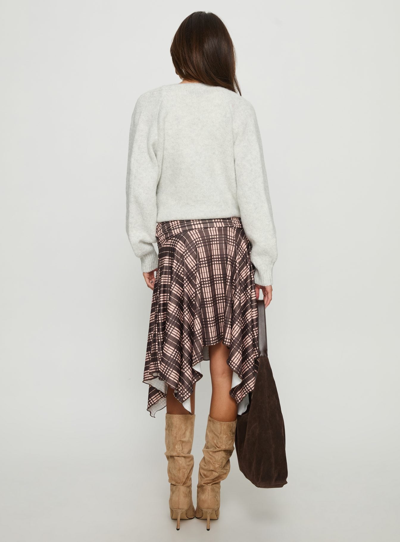 Scholar Asymmetrical Midi Skirt Brown Check - Image 5