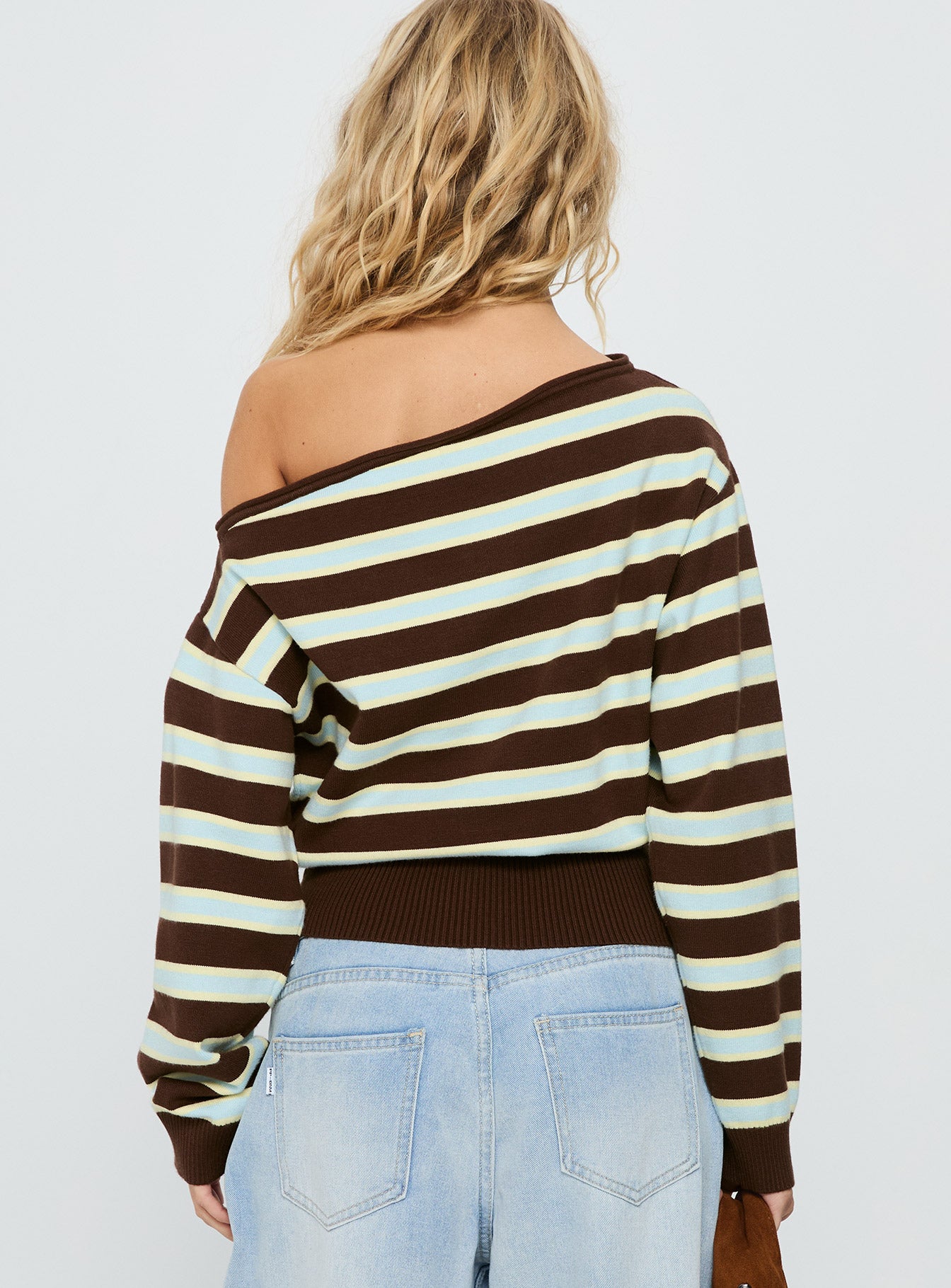 Zinia Off Shoulder Knit Sweater Brown Blue Stripe - Image 5