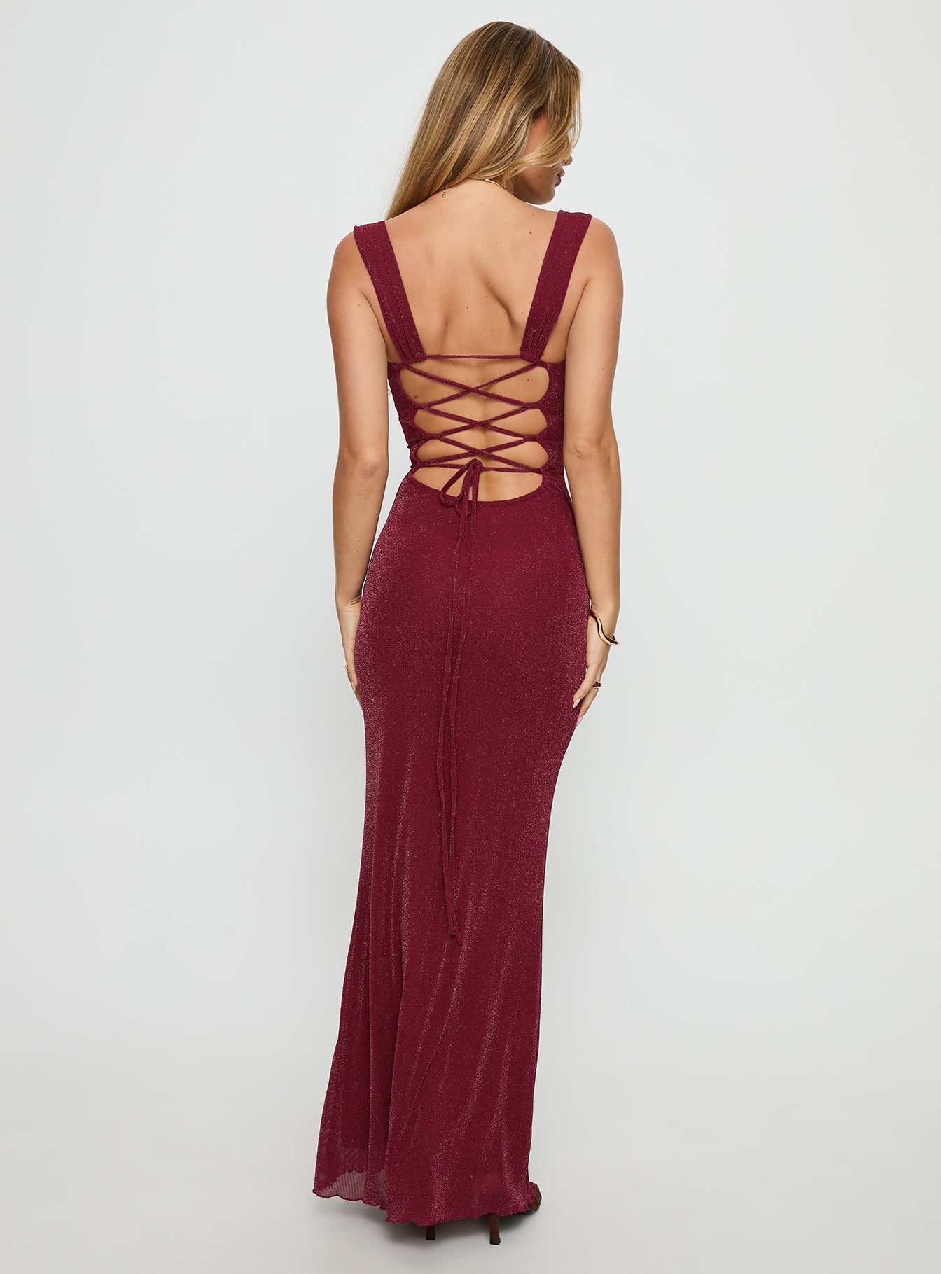 Crisanto Tie Up Ruched Maxi Dress Burgundy - Image 4